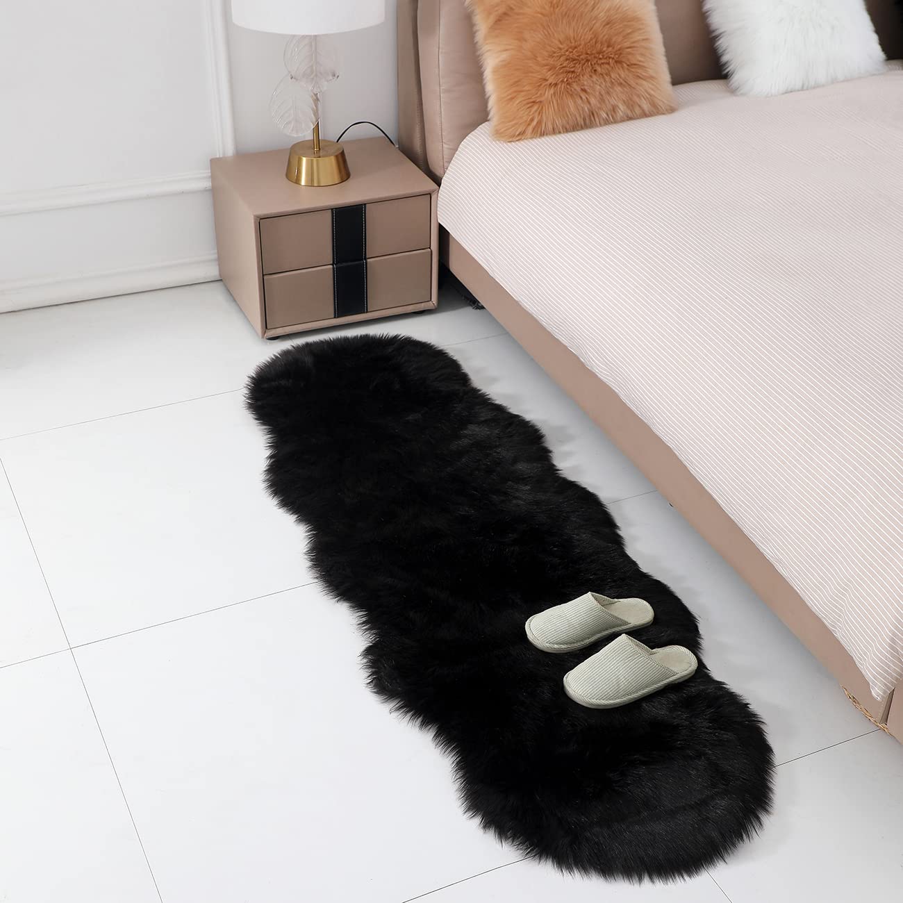 Minimalist Black Fluffy Faux Sheepskin Rug, 2'x6'