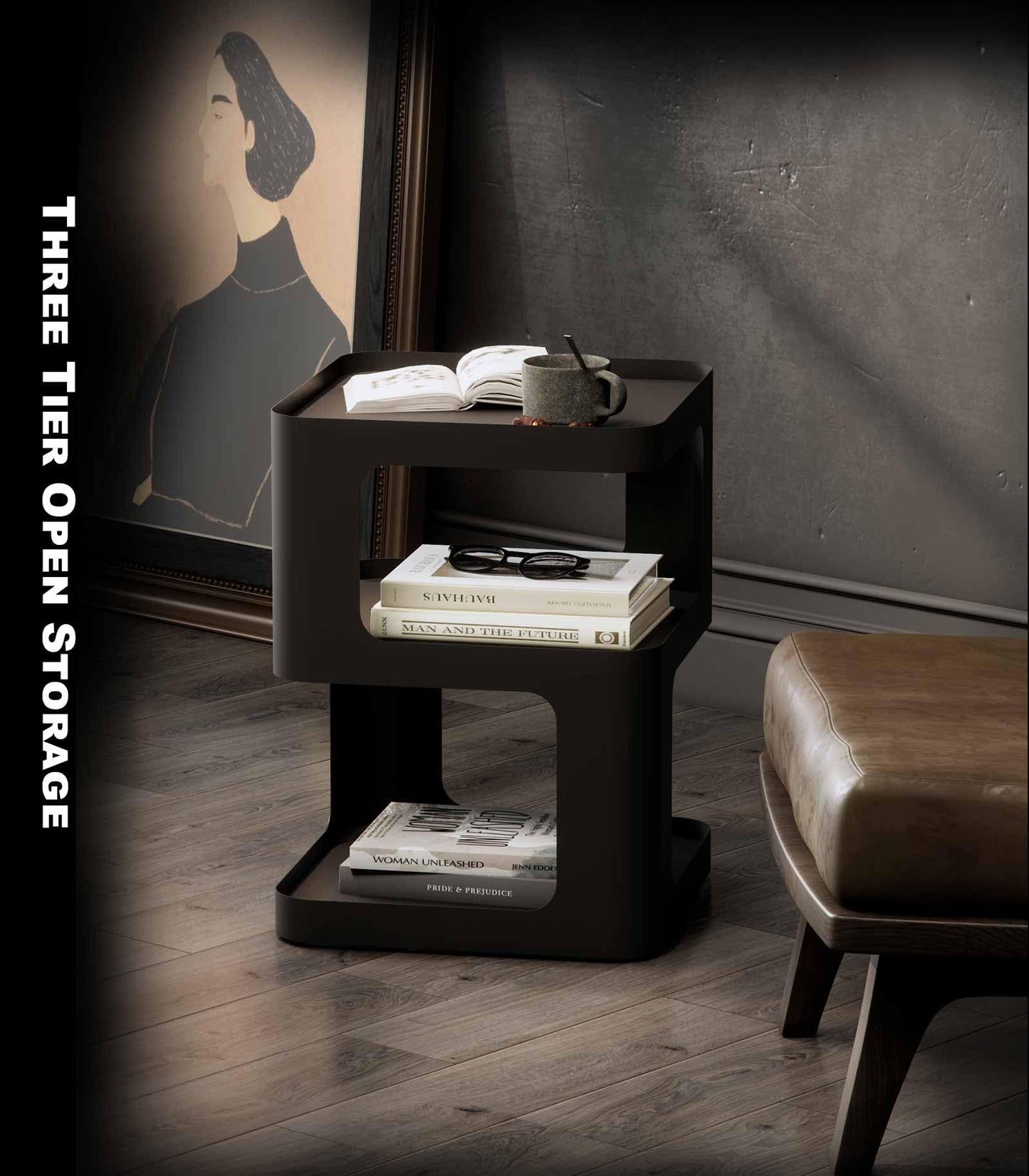 Minimalist Black Modern Accent Side Table w/Storage