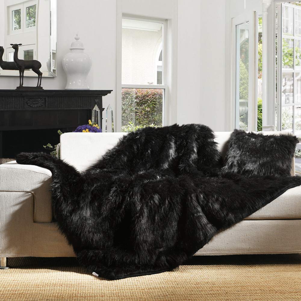 Minimalist Black Luxury Plush Faux Fur Throw Blanket, Long Pile, 50''x60''