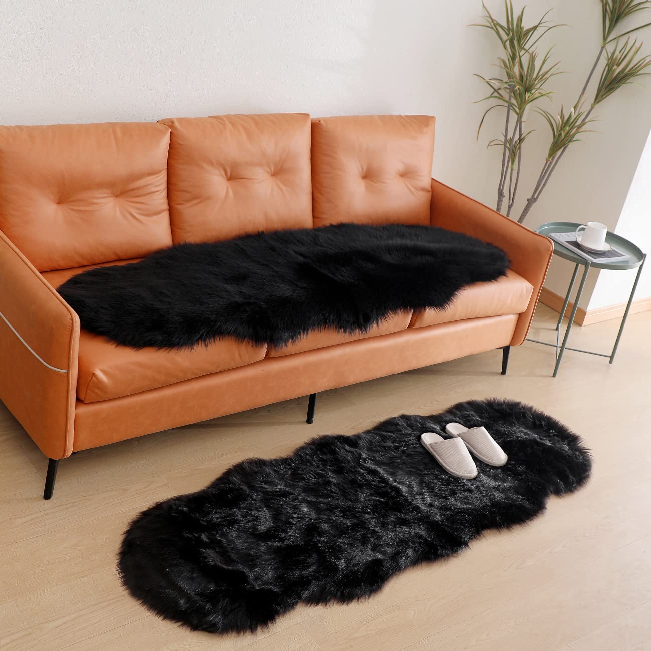 Minimalist Black Fluffy Faux Sheepskin Rug, 2'x6'