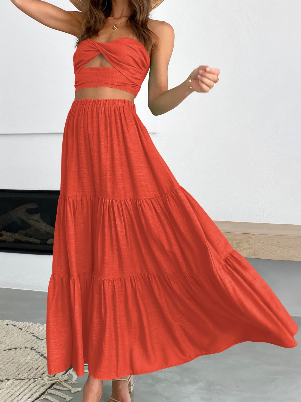 Minimalist Orange Boho Elastic Waist Flowy Women's Long Beach Skirt with Pockets