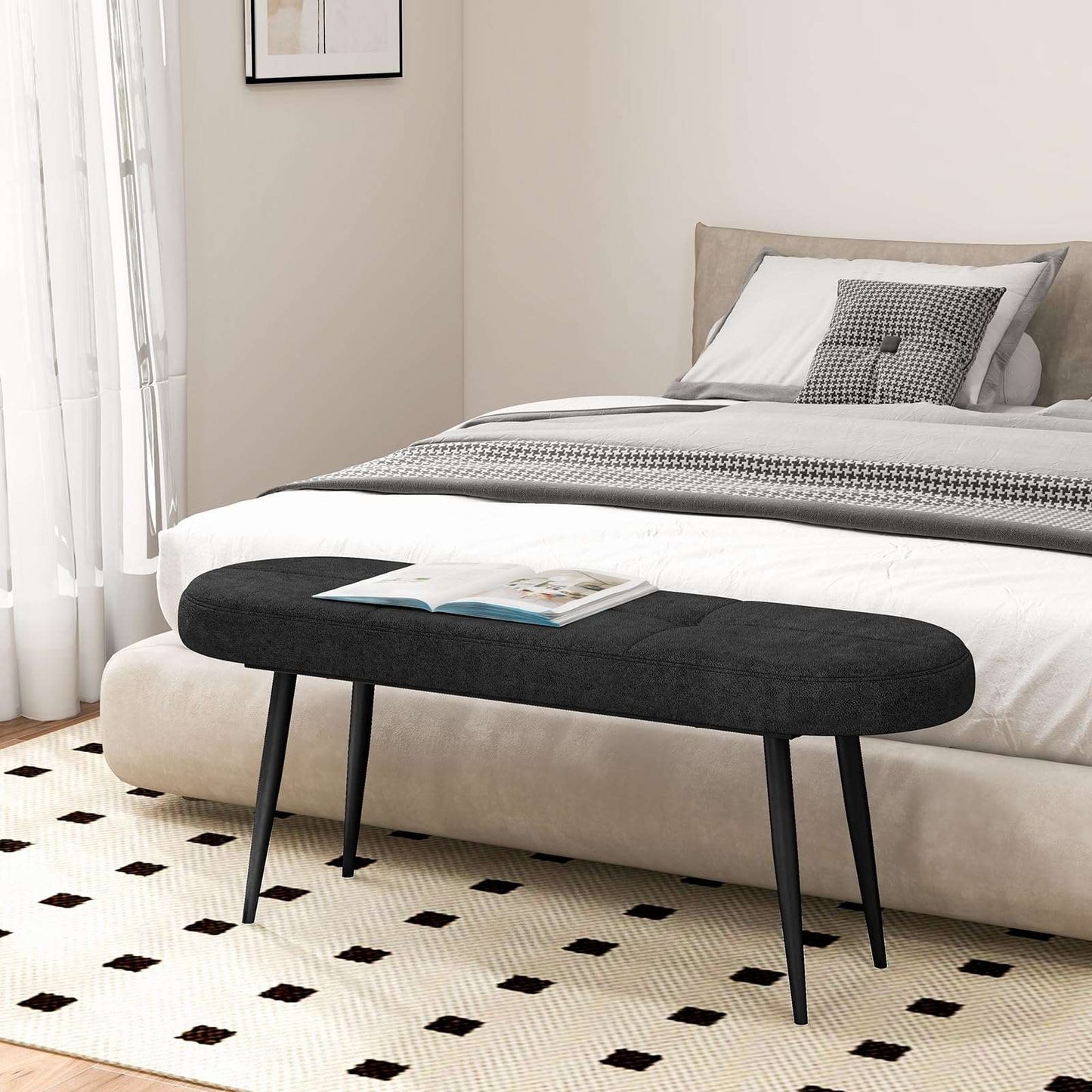 Minimalist Black 47" Upholstered Bench w/Metal Legs