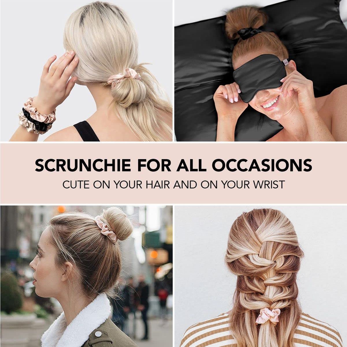 Minimalist Black Satin Hair Scrunchie, Set of 5