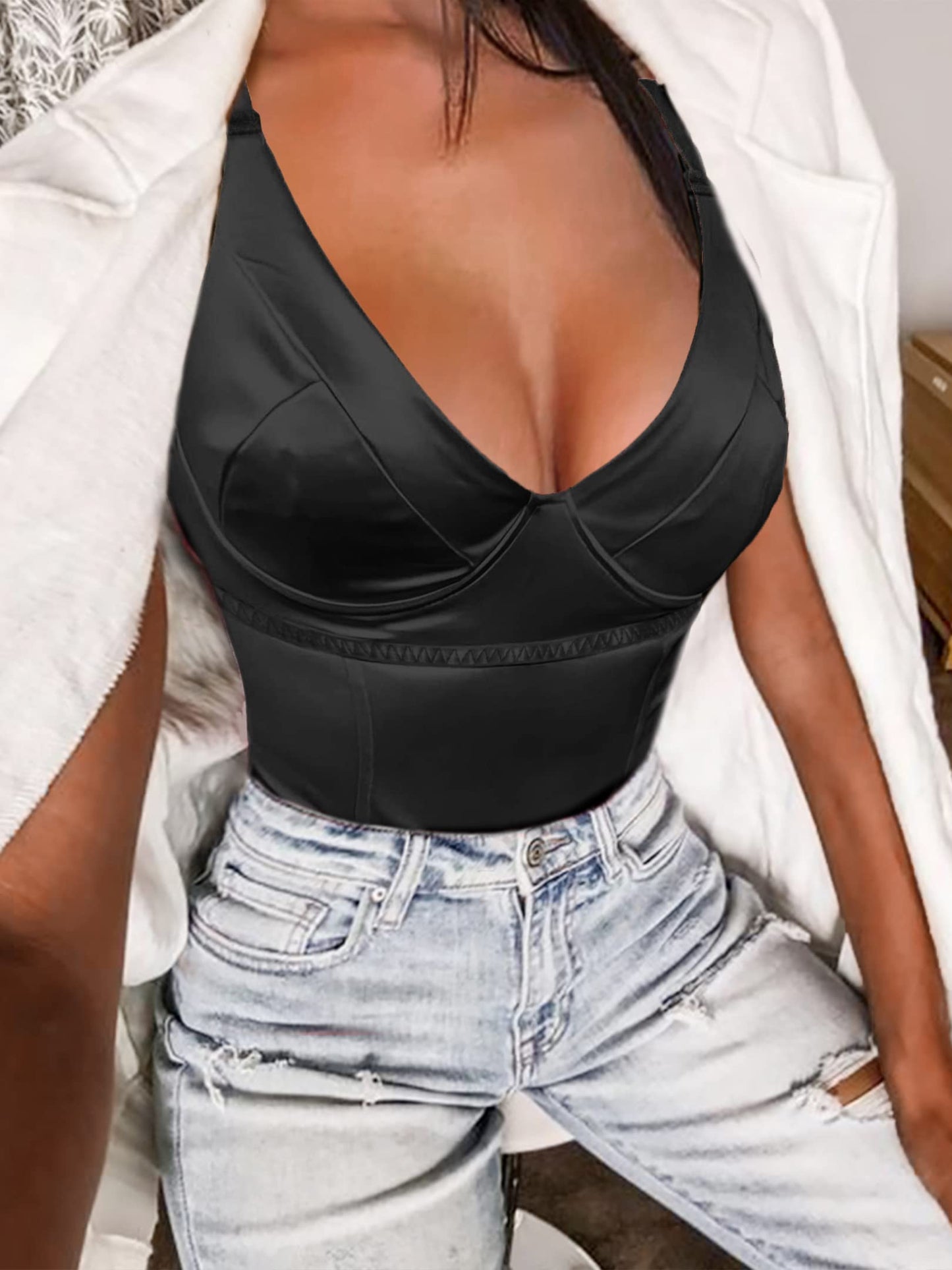 Minimalist Black V Neck Satin Bodysuit