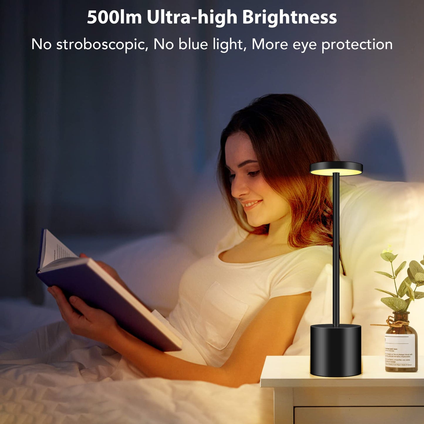 Minimalist Black Cordless Table Lamp with 3 Brightness Levels for Bedroom, Bathroom, Living Room, Office, Patio