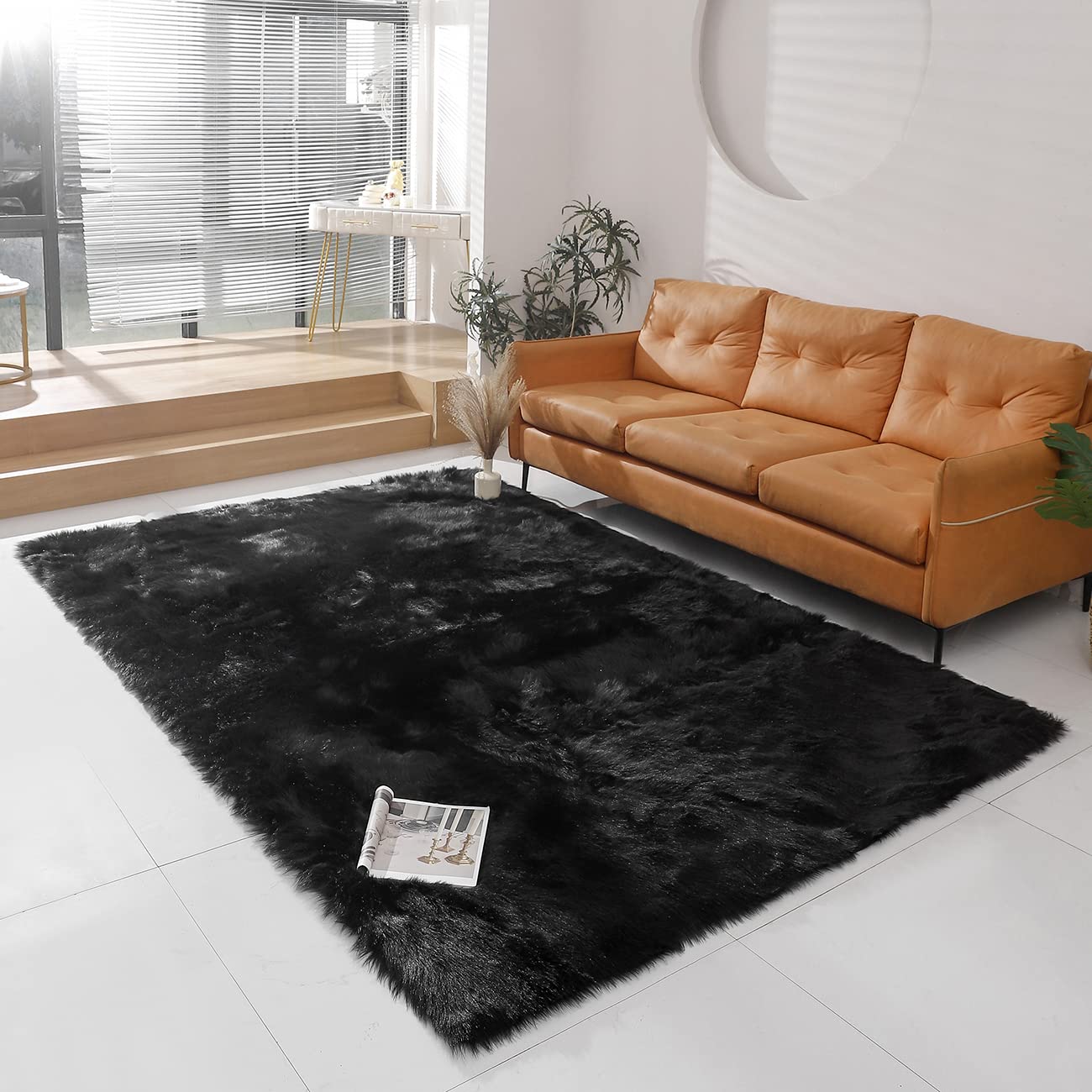 Minimalist Black Fluffy Faux Sheepskin Rug, 6'x9'