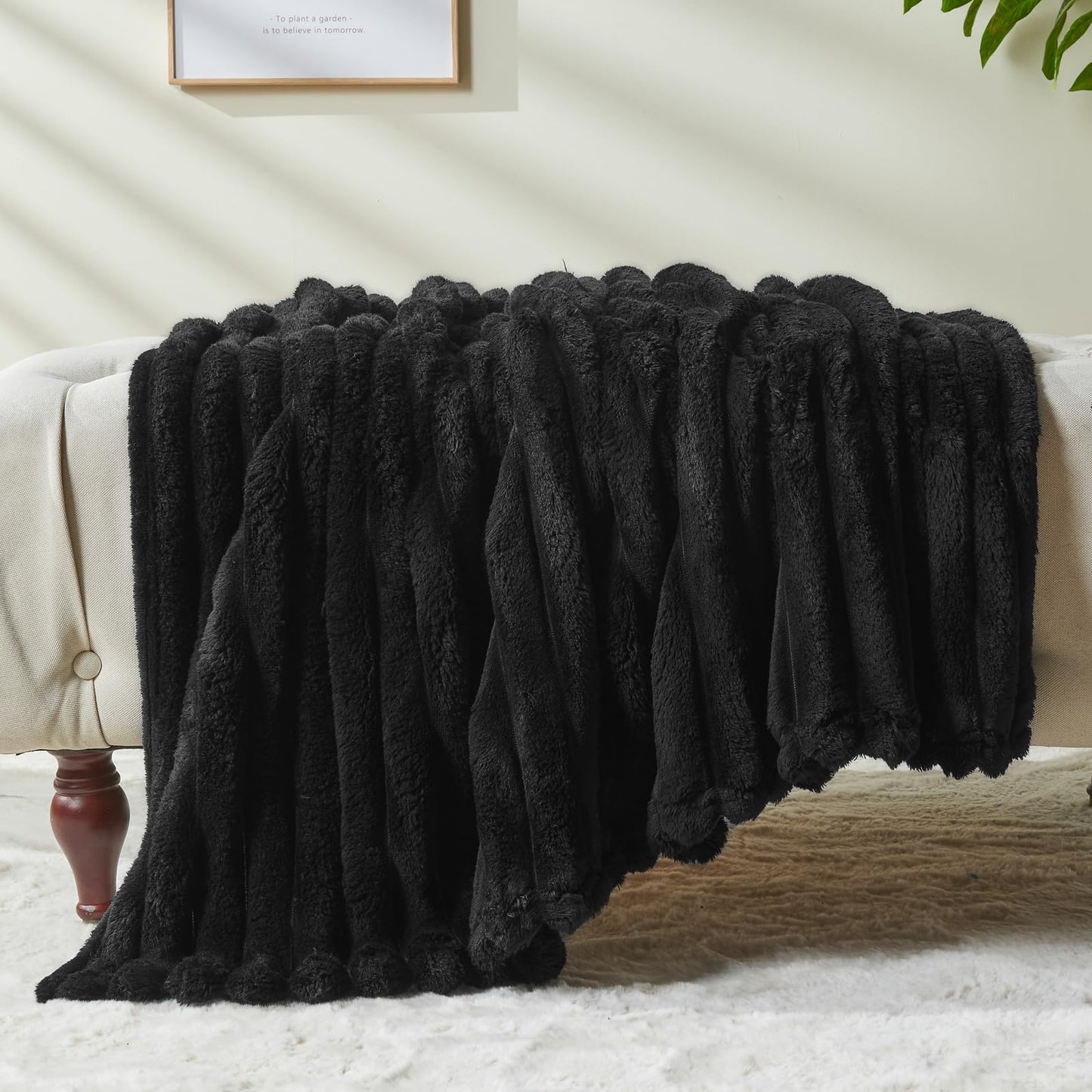 Minimalist Black Premium Ribbed Fleece Throw, King Size, 90"x110"