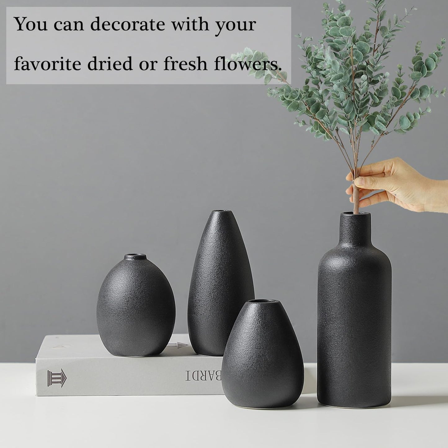 Minimalist Black Ceramic Vases for Flowers, Centerpieces, Dining Room, Office, Bedroom Entryway Table, Bookshelf, Set of 4