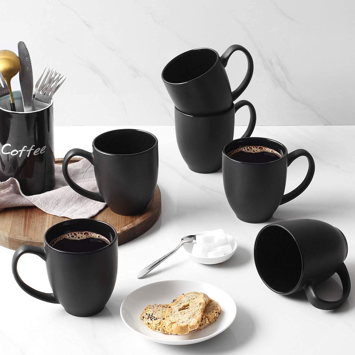 Minimalist Black 16 oz Coffee Mug Set, Set of 6 - Matte Black Design