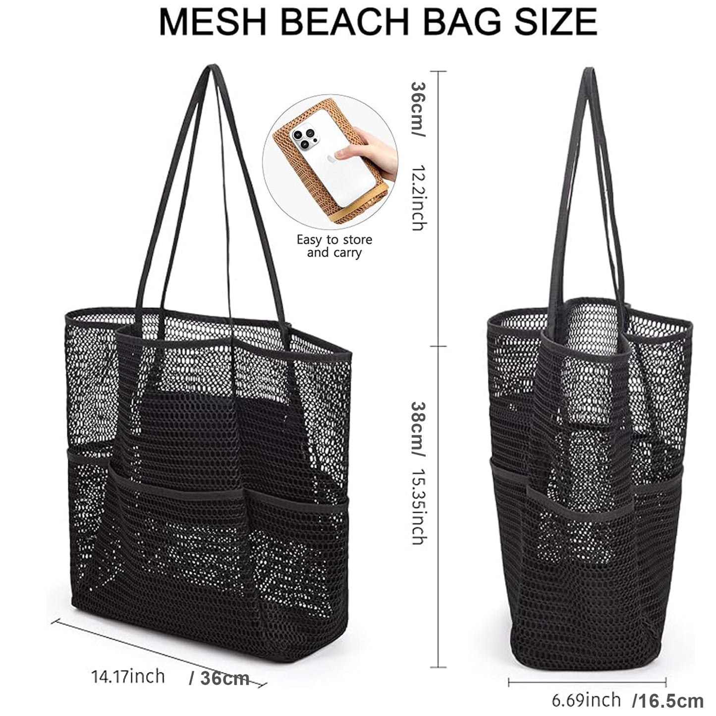 Minimalist Black Mesh Foldable Beach Tote Bag w/Zipper Pocket