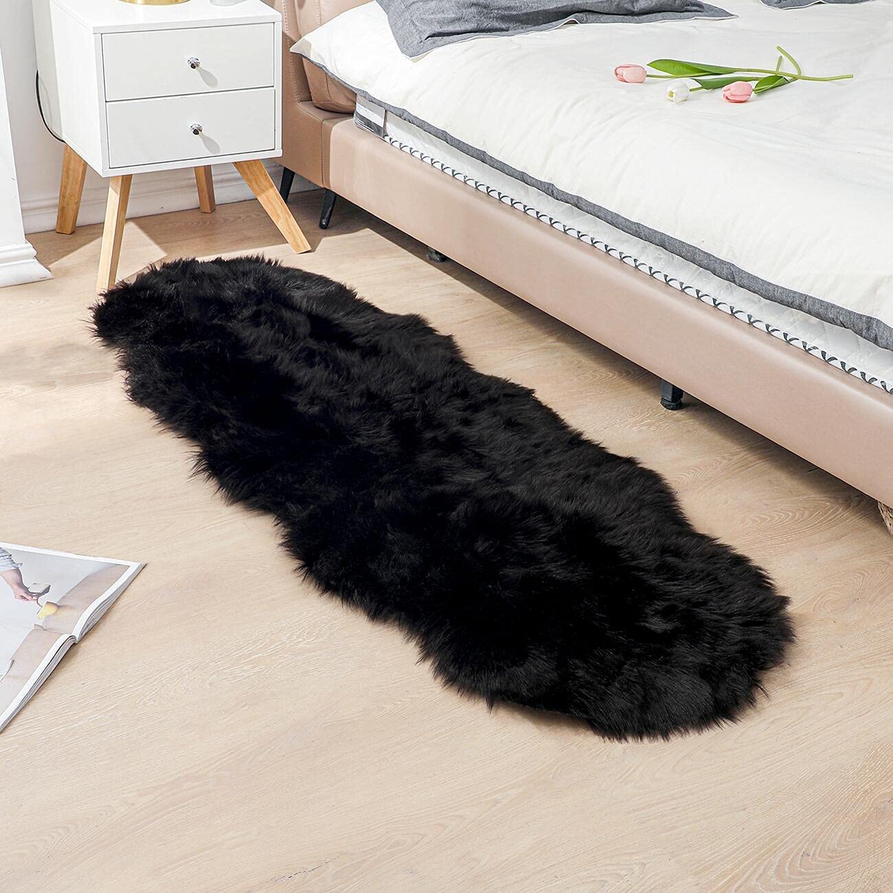 Minimalist Black Fluffy Faux Sheepskin Rug, 2'x6'