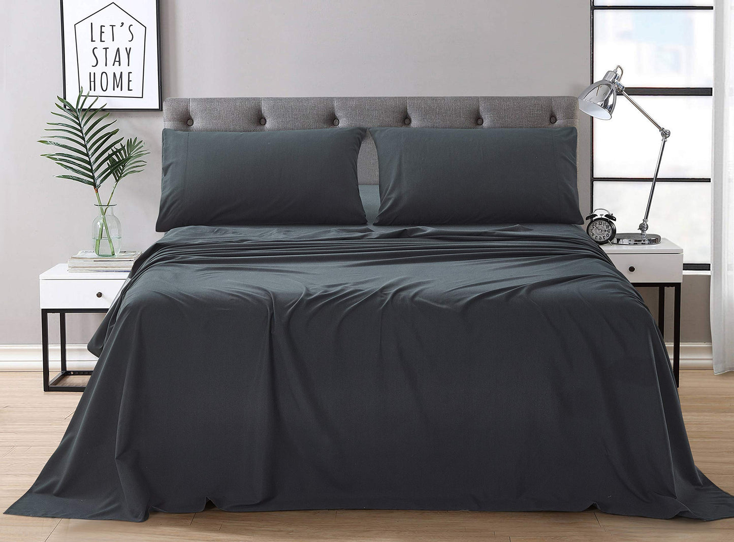 Minimalist Black Premium Hotel Quality Double Brushed Microfibre Bed Sheets, 4 Pc set w/16" Deep Pocket, King size