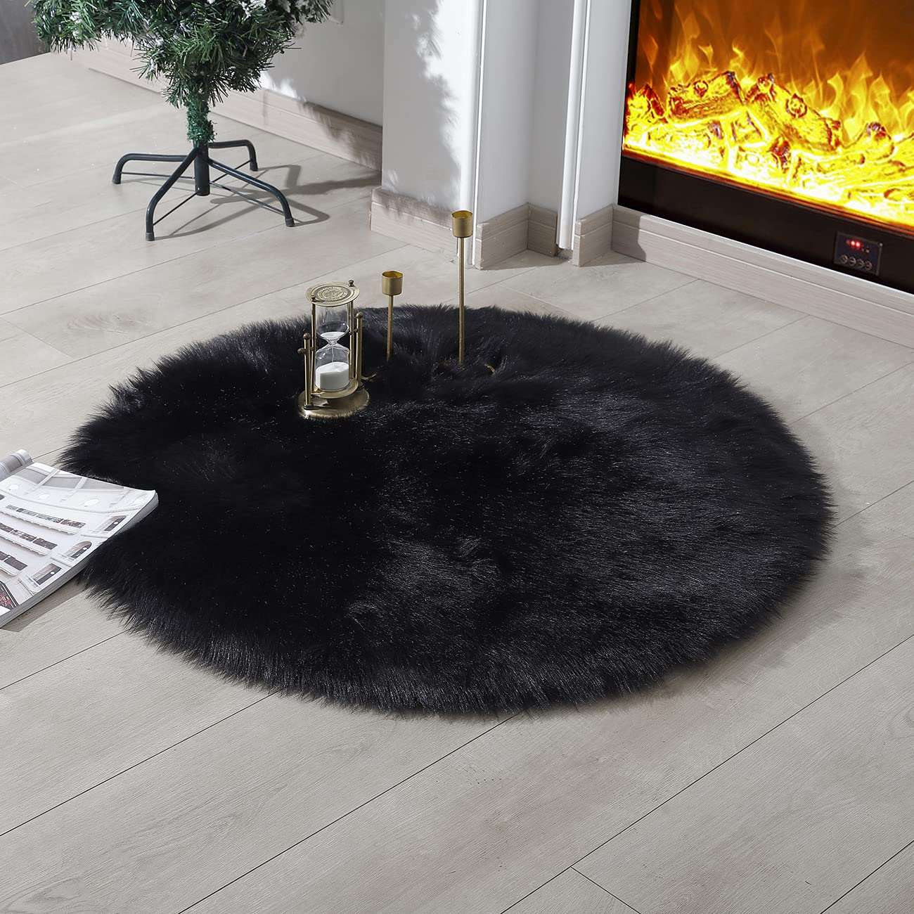 Minimalist Black Fluffy Faux Sheepskin Rug, 3'x3' Round