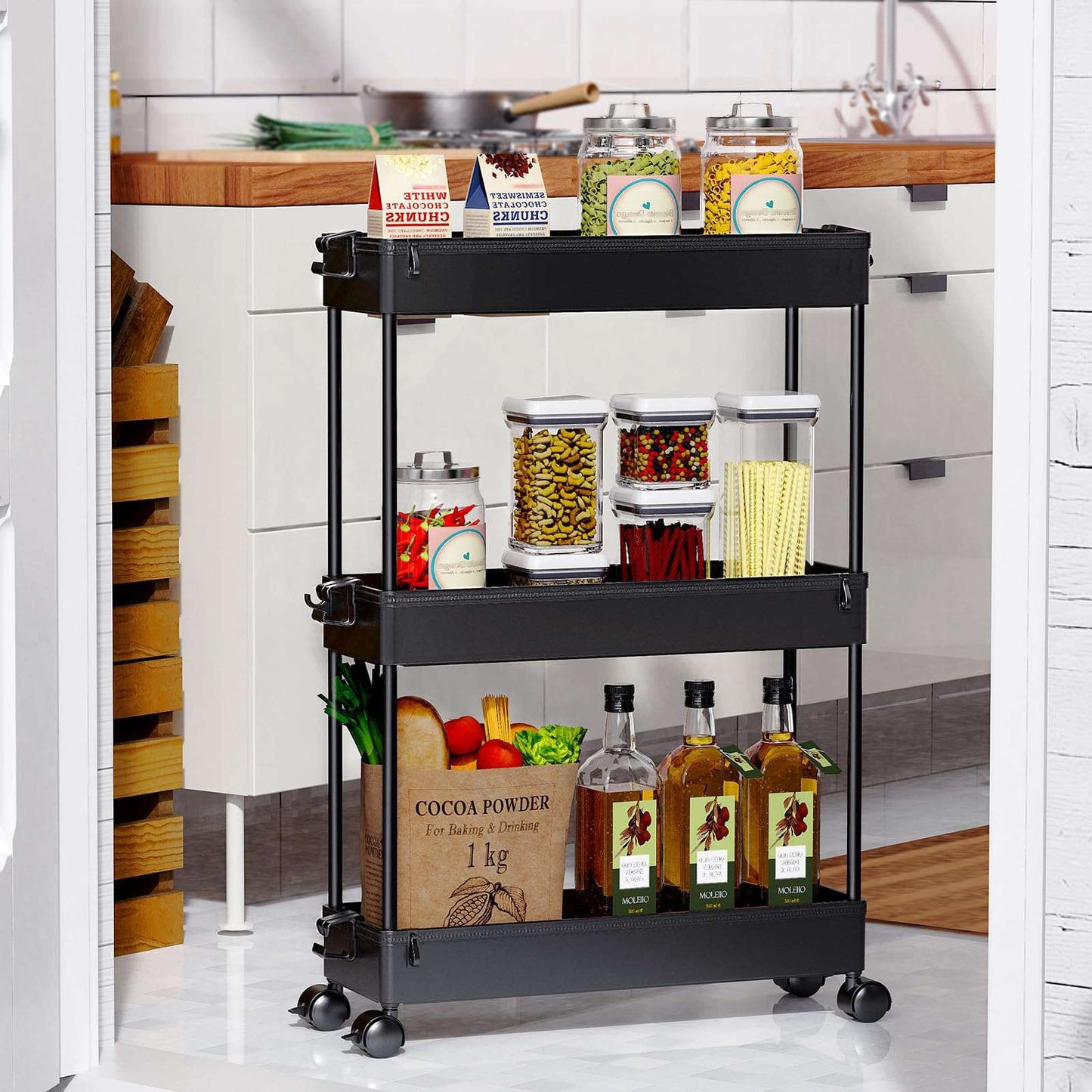 Minimalist Black 3 Tier Slim, Mobile Rolling Storage Cart for Narrow Spaces