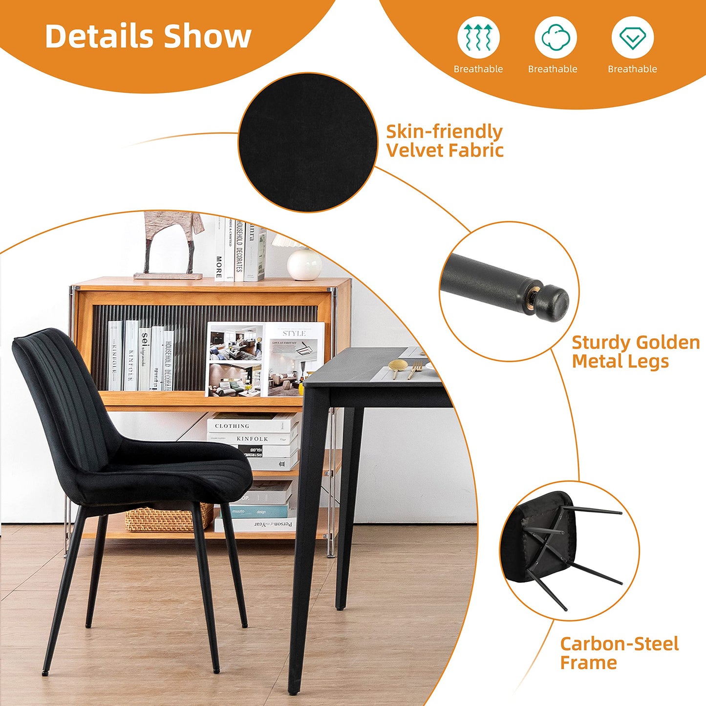 Minimalist Black Velvet Upholstered Chairs, Set of 2