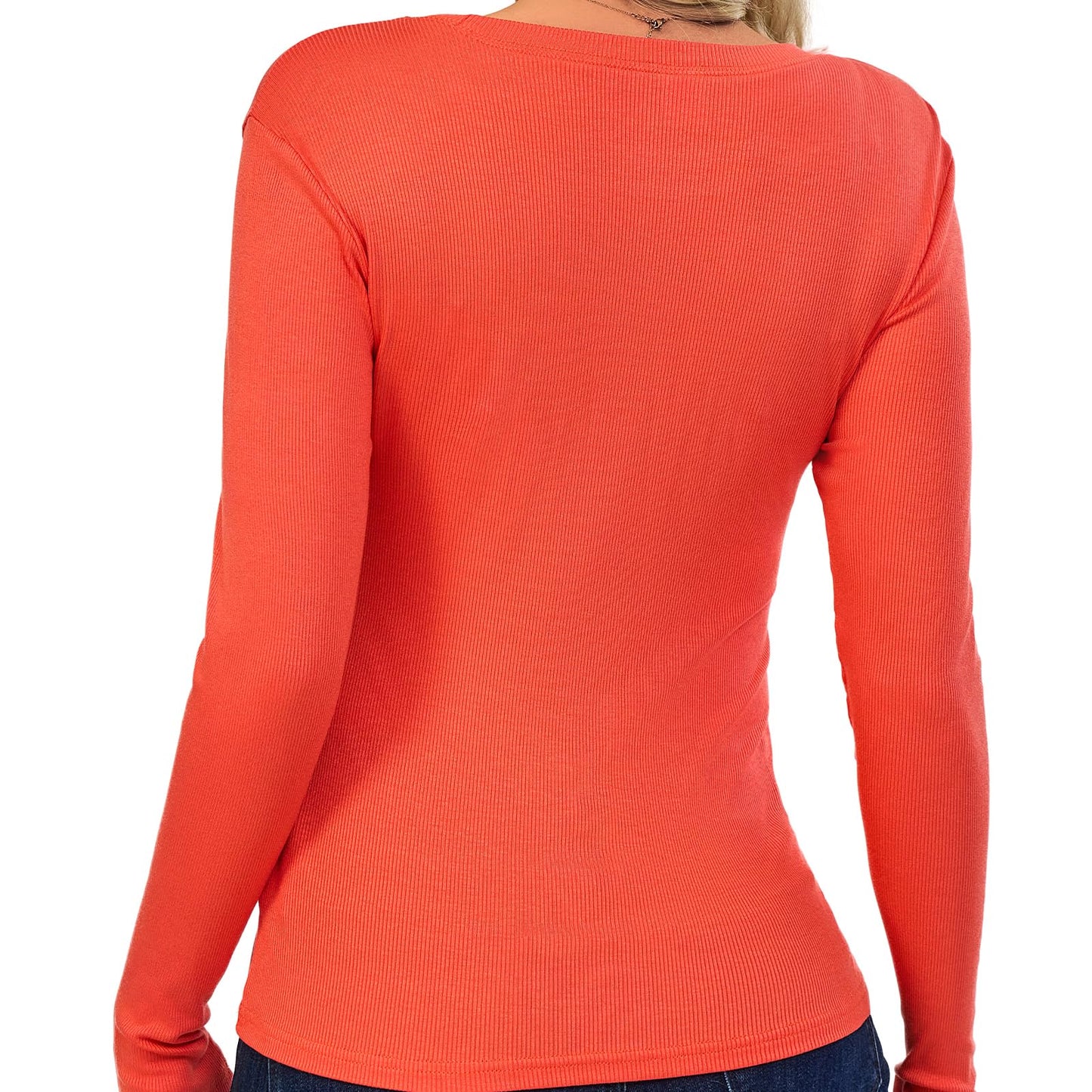 Minimalist Orange Basic Long Sleeve Ribbed Modal Women's Stretchy Lightweight Shirt