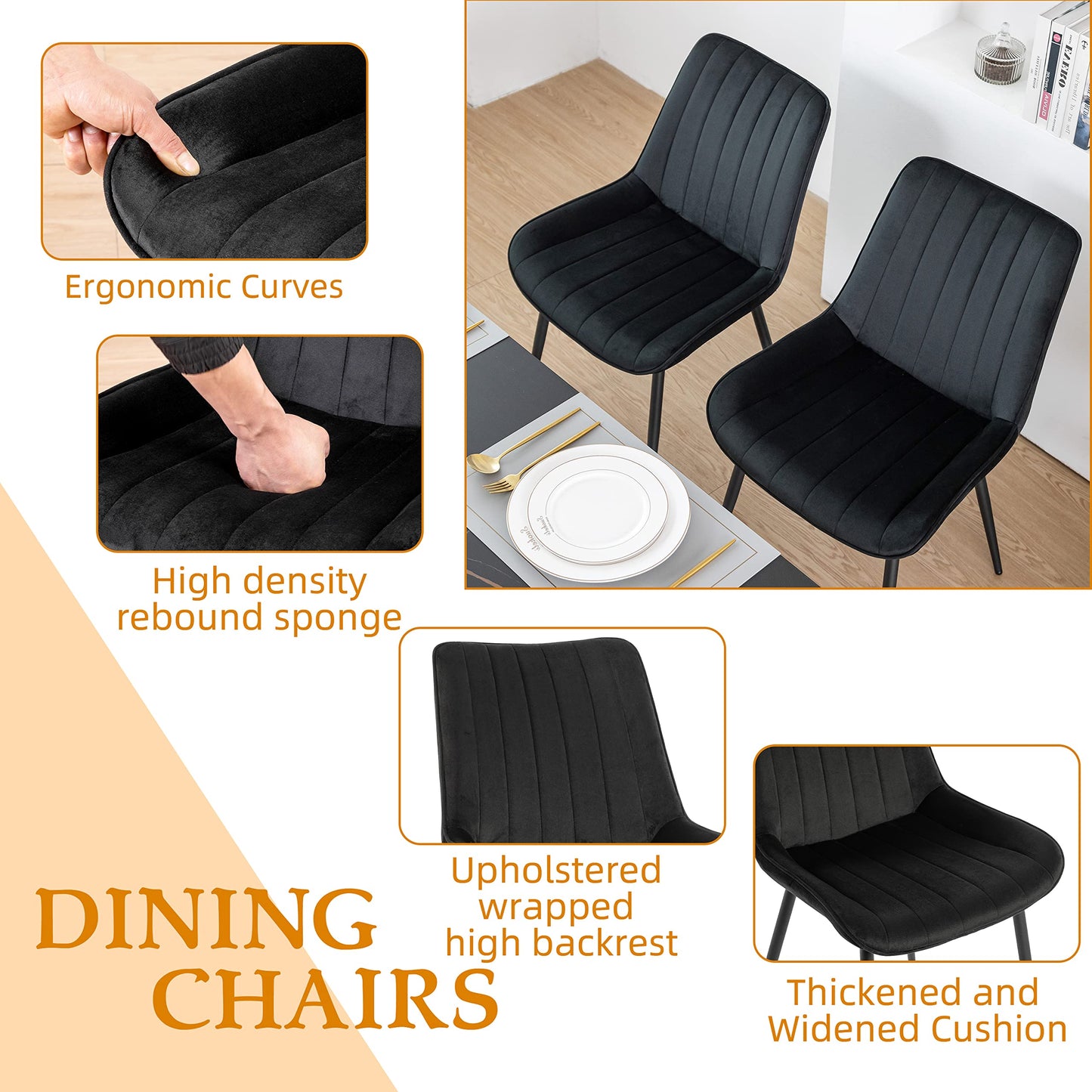 Minimalist Black Velvet Upholstered Chairs, Set of 2