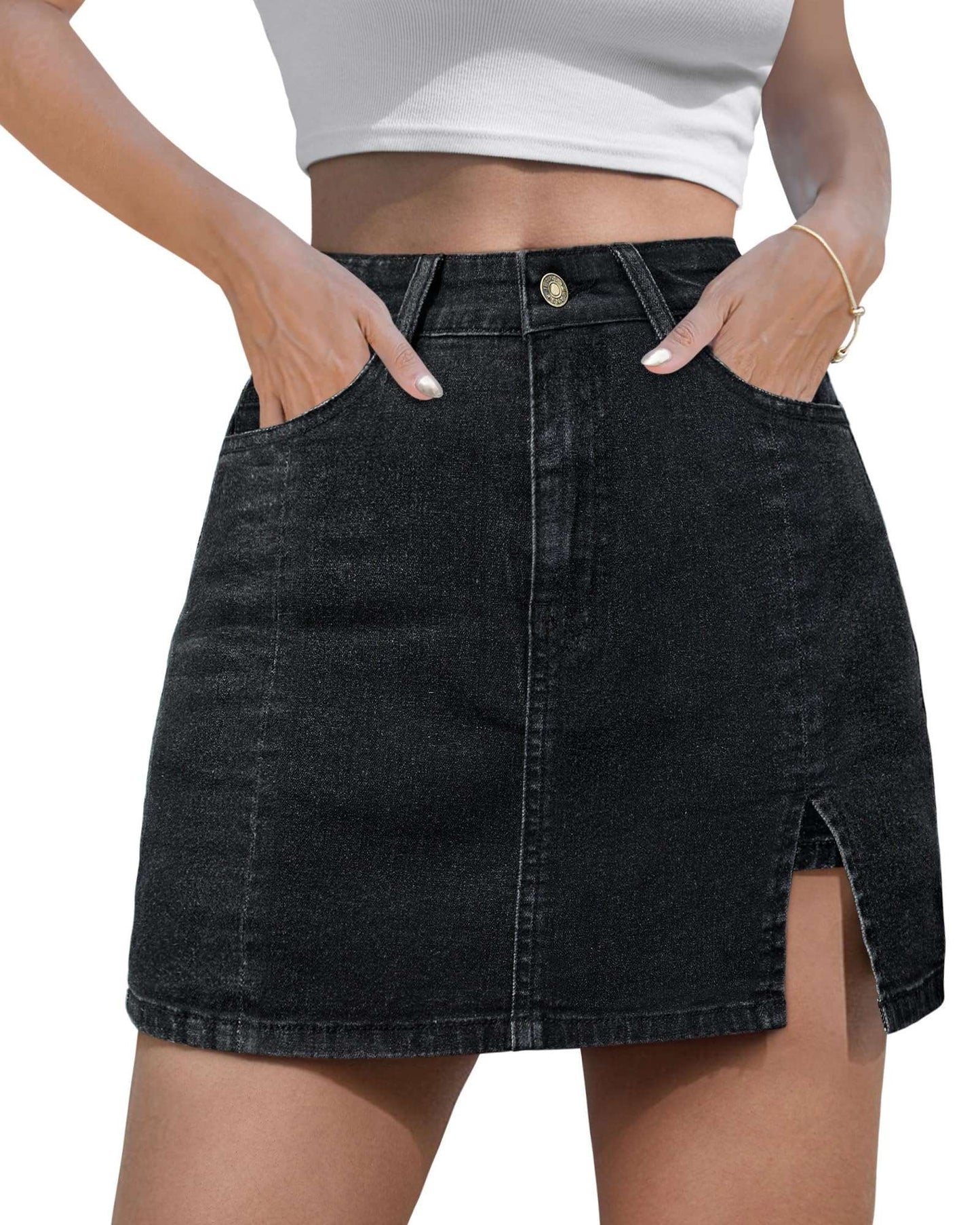 Minimalist Black Denim High Waisted Stretch Mini Skort