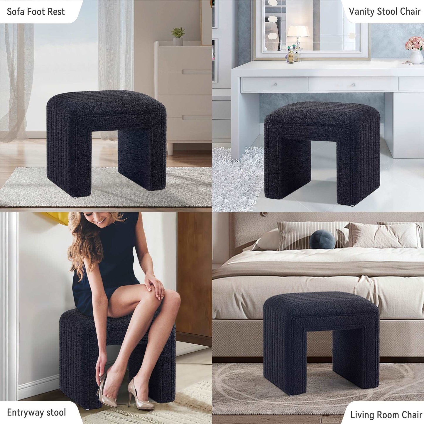 Minimalist Black Boucle Modern Stool, Ottoman for Bedroom, Living Room, Office, Entry
