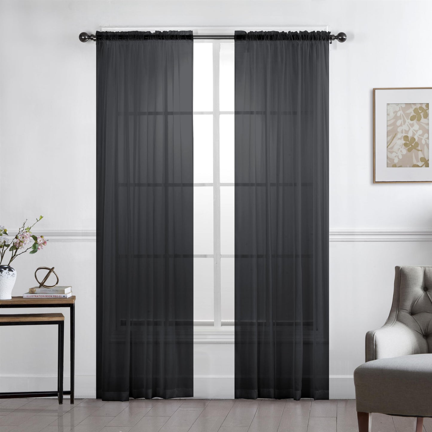 Minimalist Black Sheer Voile Curtain Panels with Rod Pocket, 54"x96"