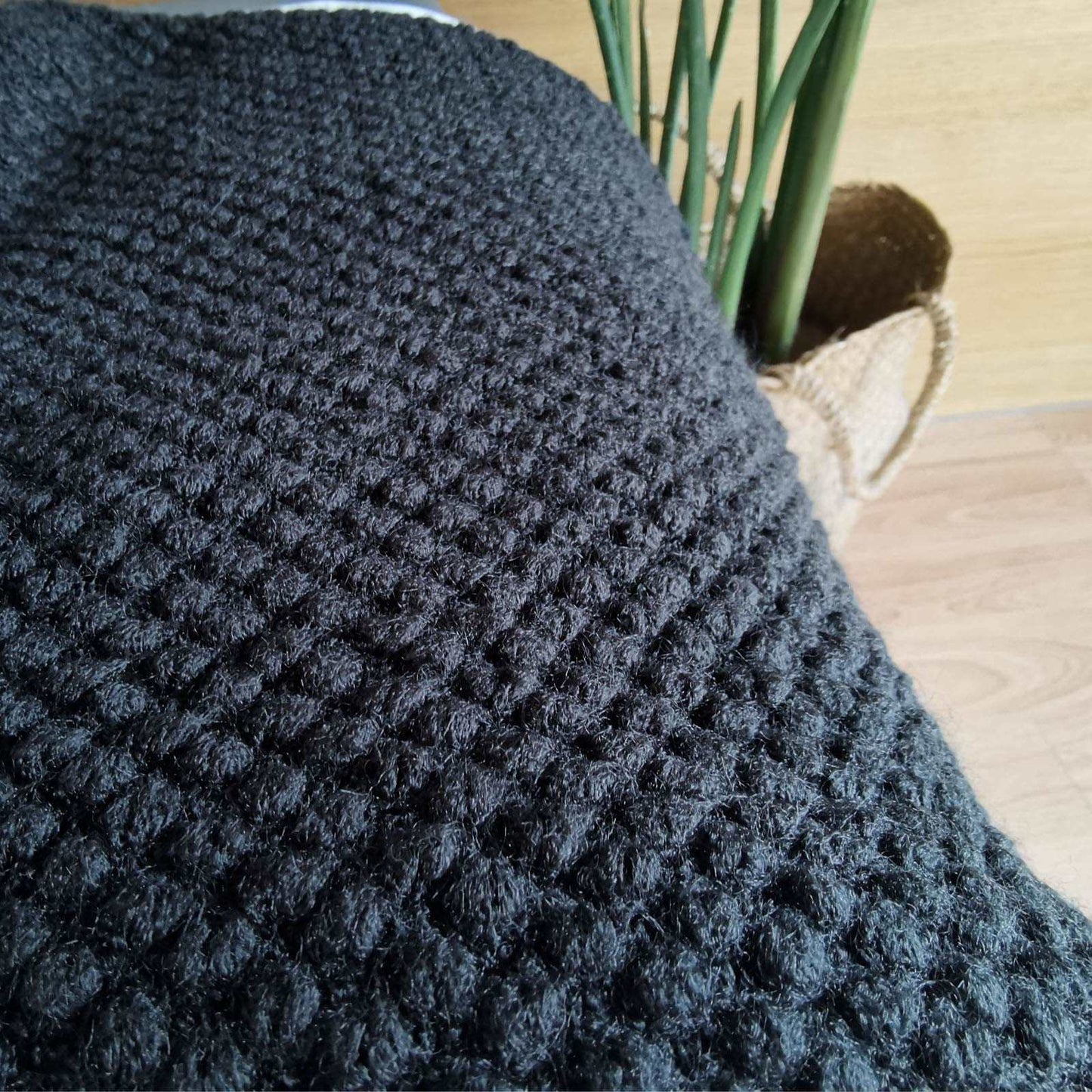 Minimalist Black Knitted Throw Blanket w/Tassels, 50"x60"