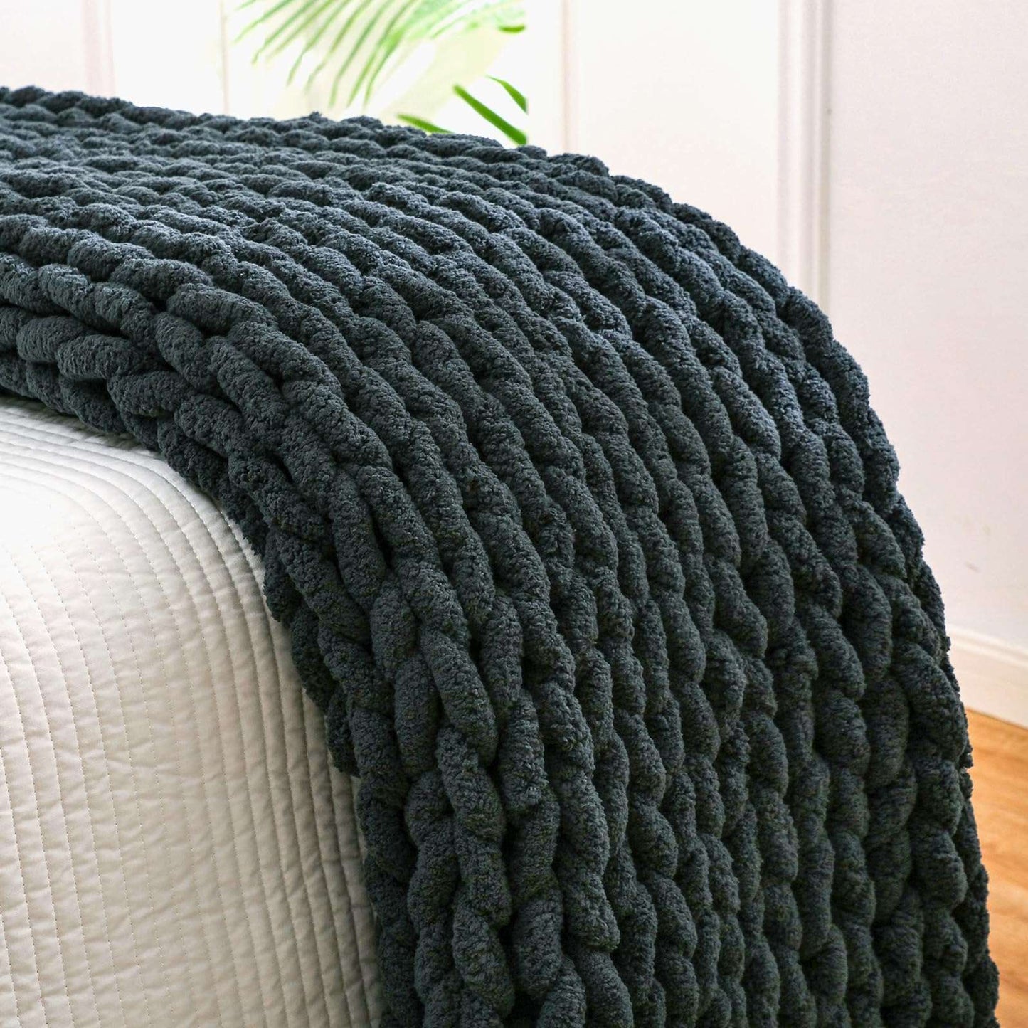Minimalist Black Chunky Knit Jumbo Chenille Throw 51"x63", 100% Hand Knitted