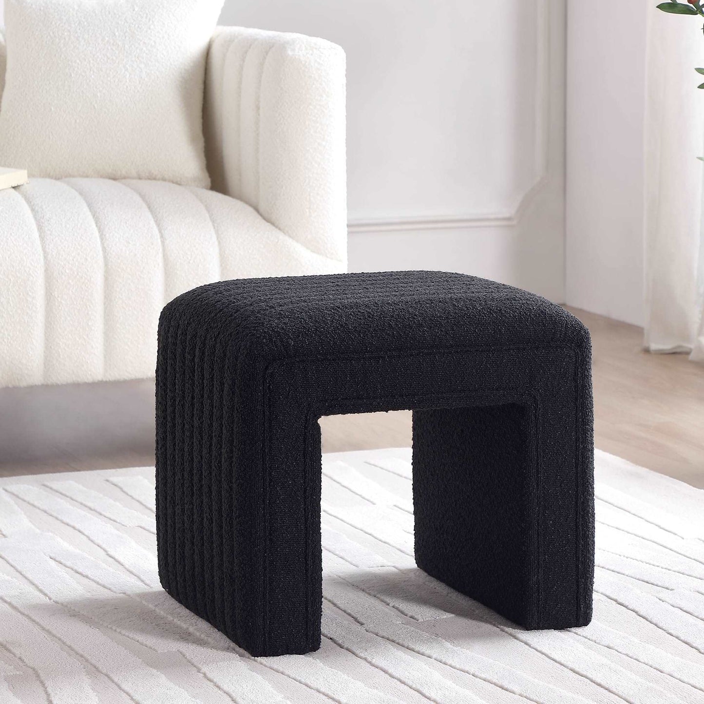 Minimalist Black Boucle Modern Stool, Ottoman for Bedroom, Living Room, Office, Entry
