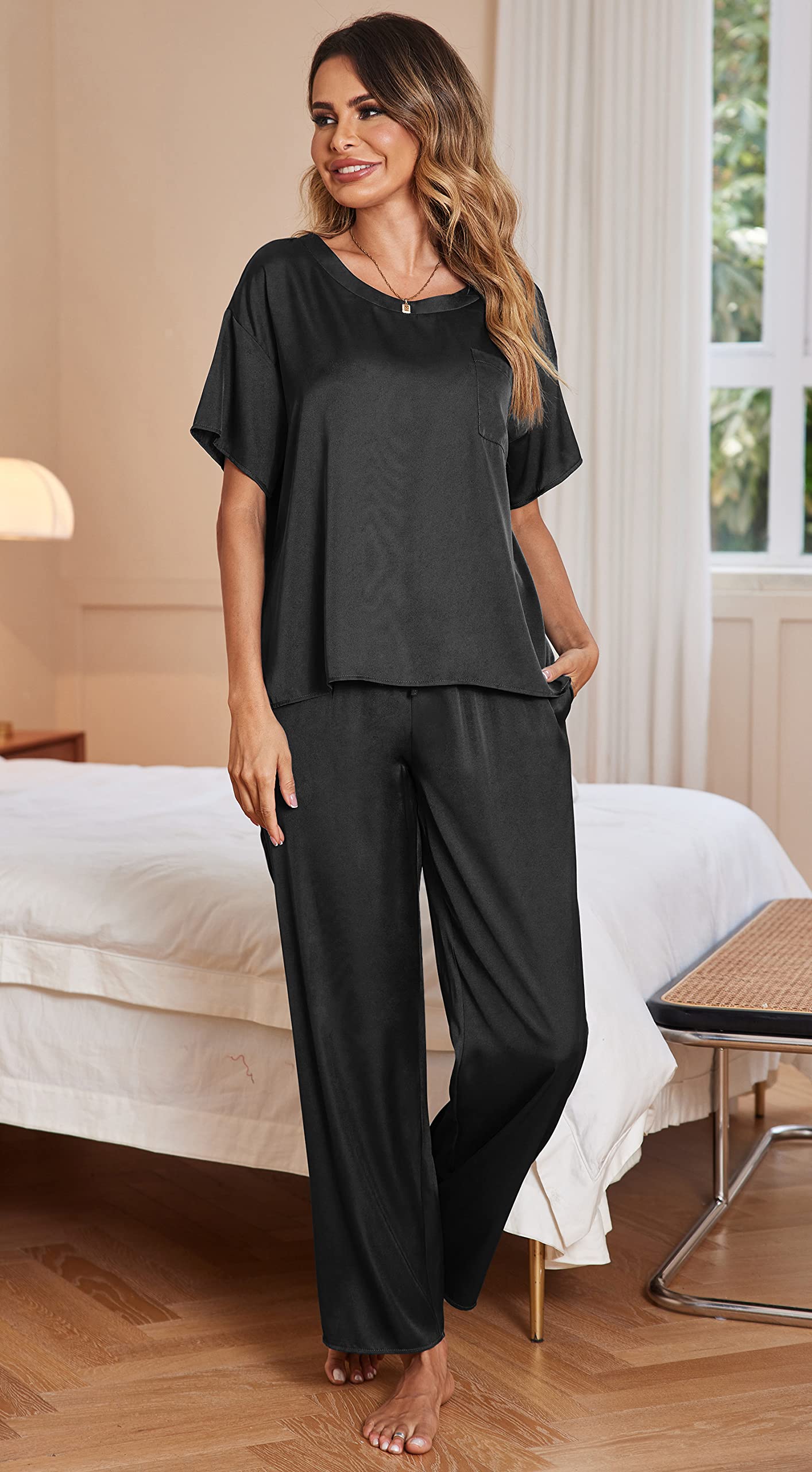 Minimalist Black Satin Women's Pyjama, Loungewear Short Sleeve and Pants, 2 Piece Set