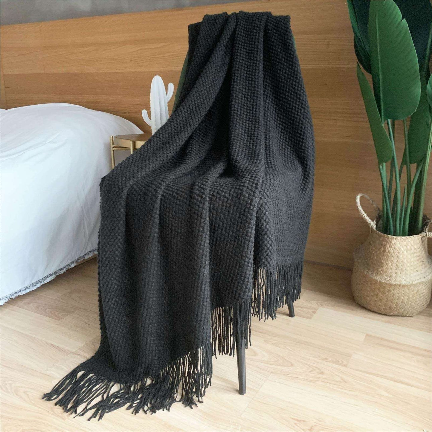 Minimalist Black Knitted Throw Blanket w/Tassels, 50"x60"