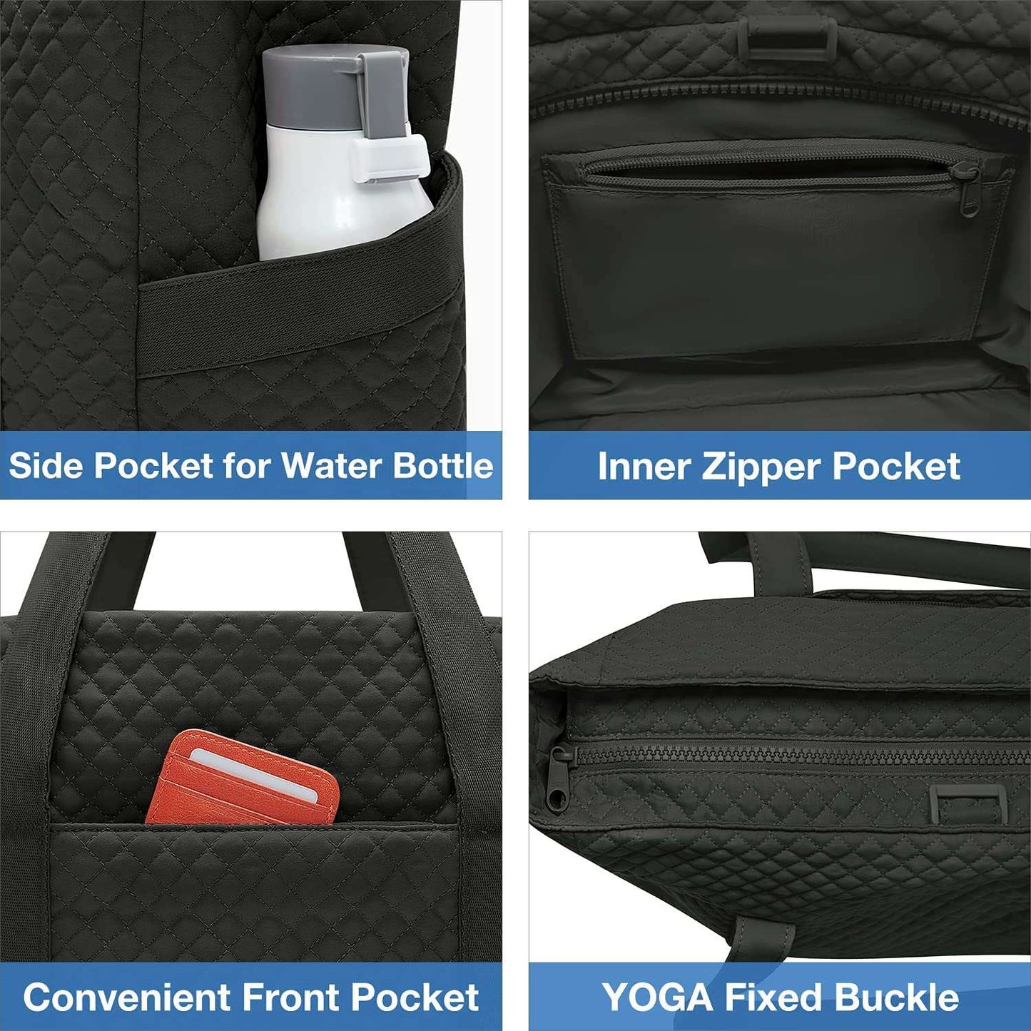 Minimalist Black Large Tote Bag w/Yoga Mat Buckle for Gym, Work, Travel