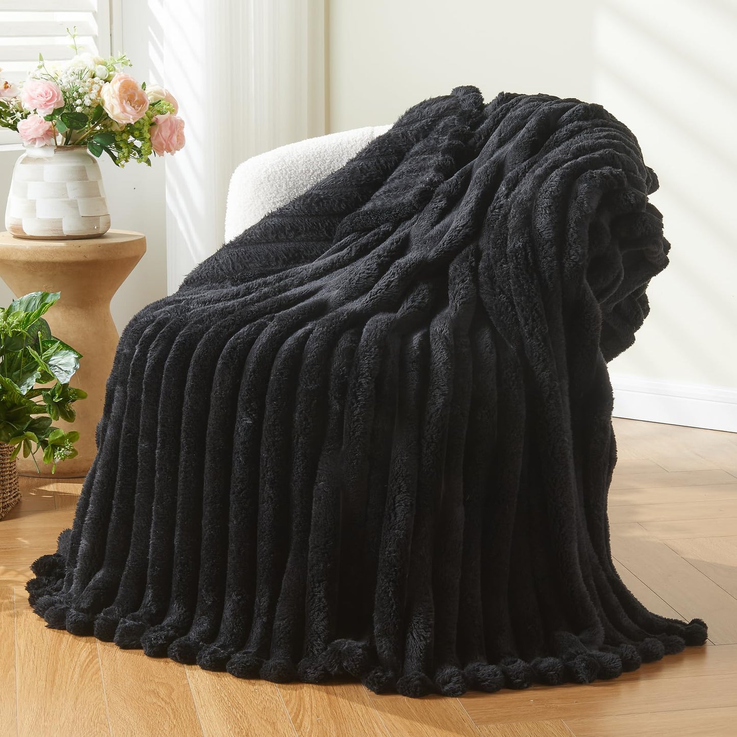 Minimalist Black Premium Ribbed Fleece Throw, King Size, 90"x110"
