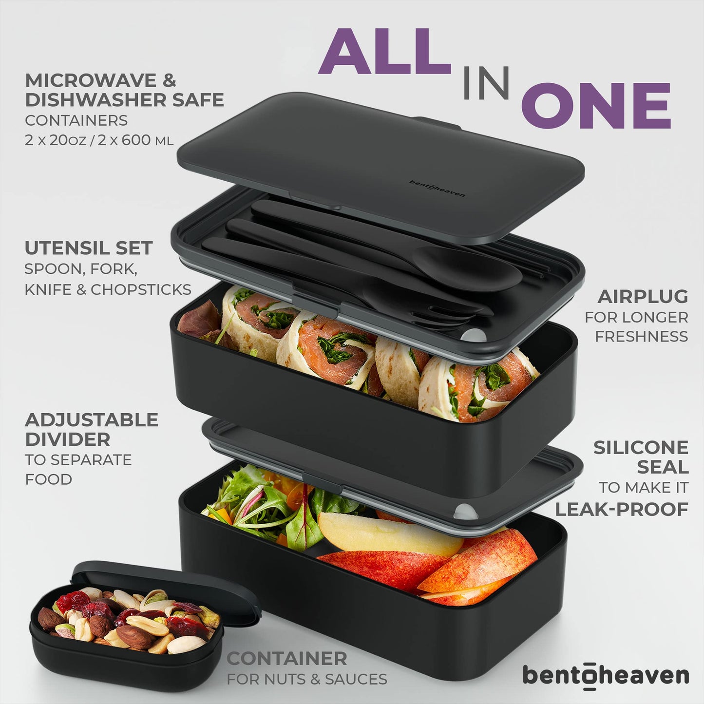 Minimalist Black Premium Bento Box w/2 Compartments (40oz), Cutlery, Chopsticks, Dip Container