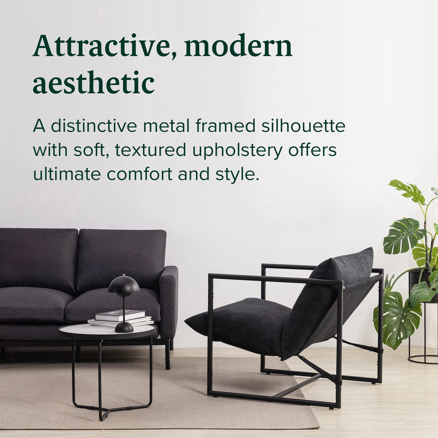 Minimalist Black ZINUS Aidan Sling Accent Chair/Metal Framed Armchair