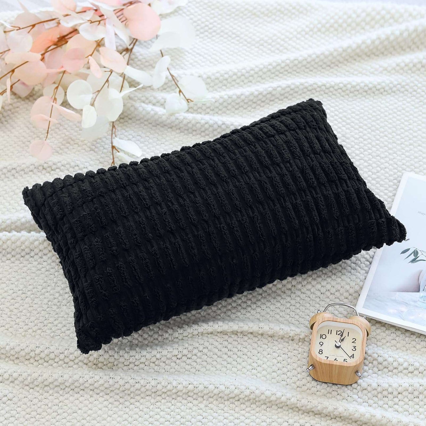 Minimalist Black Corduroy Throw Pillow Covers 16" x 24"