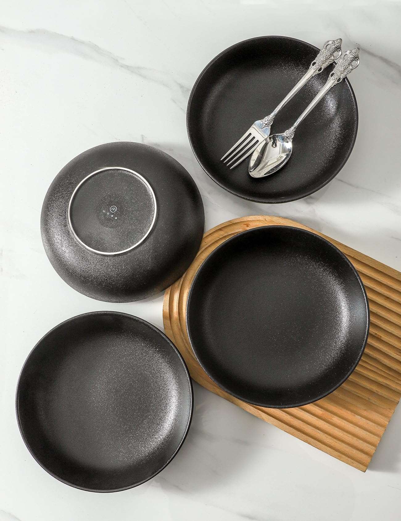 Minimalist Black Ceramic Plate Bowls, 40 oz, Set of 4