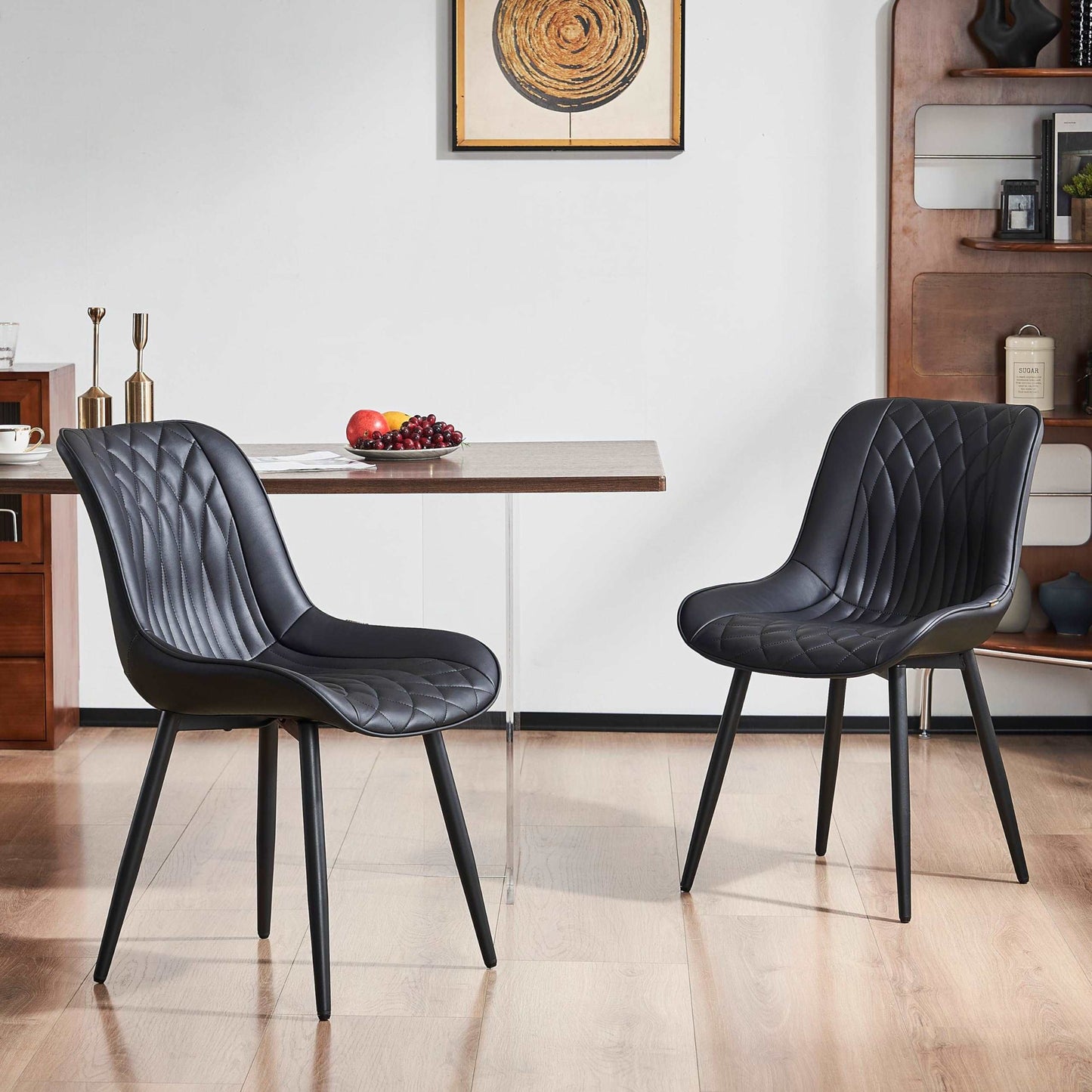 Minimalist Black Leather Upholstered Chairs, 2 pcs