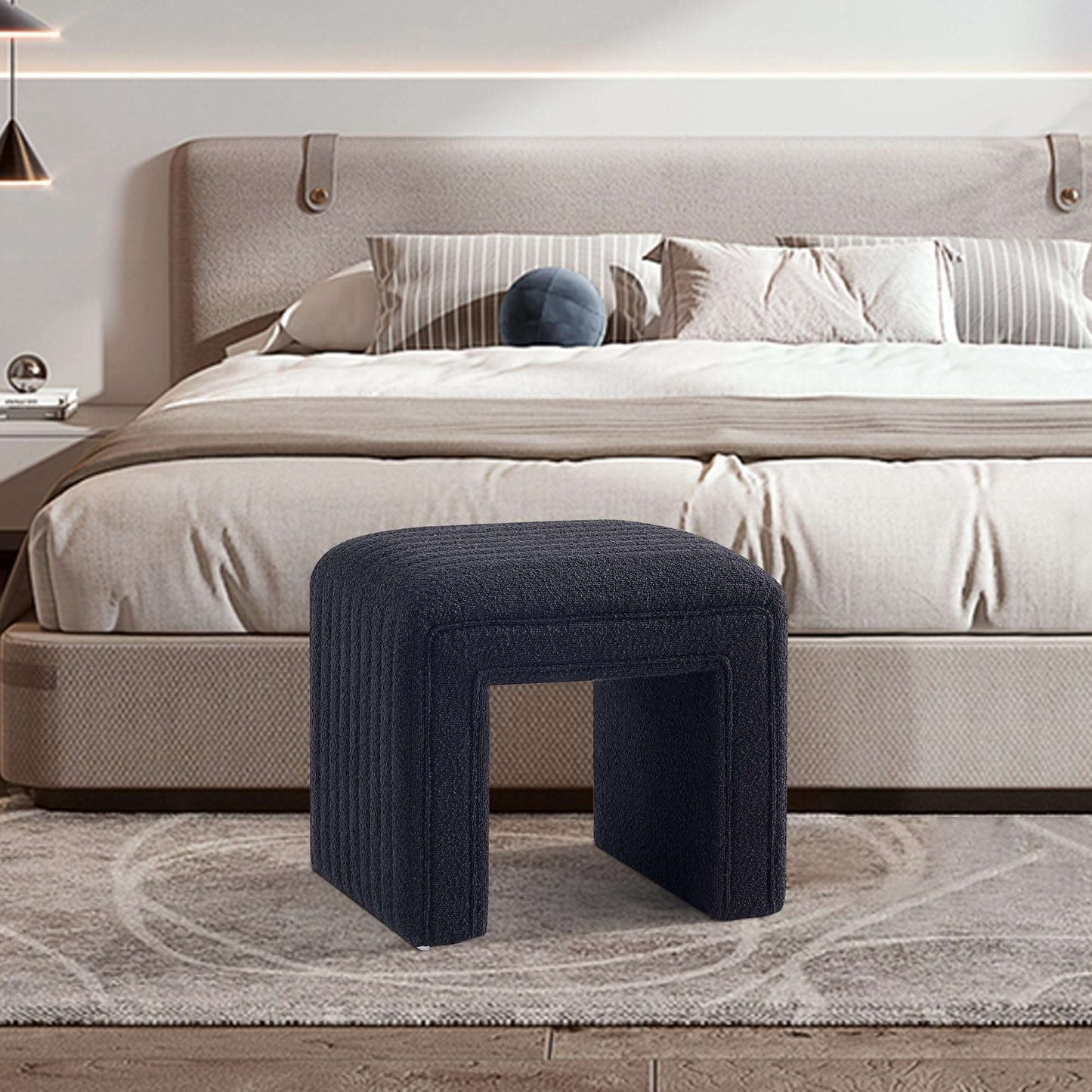 Minimalist Black Boucle Modern Stool, Ottoman for Bedroom, Living Room, Office, Entry