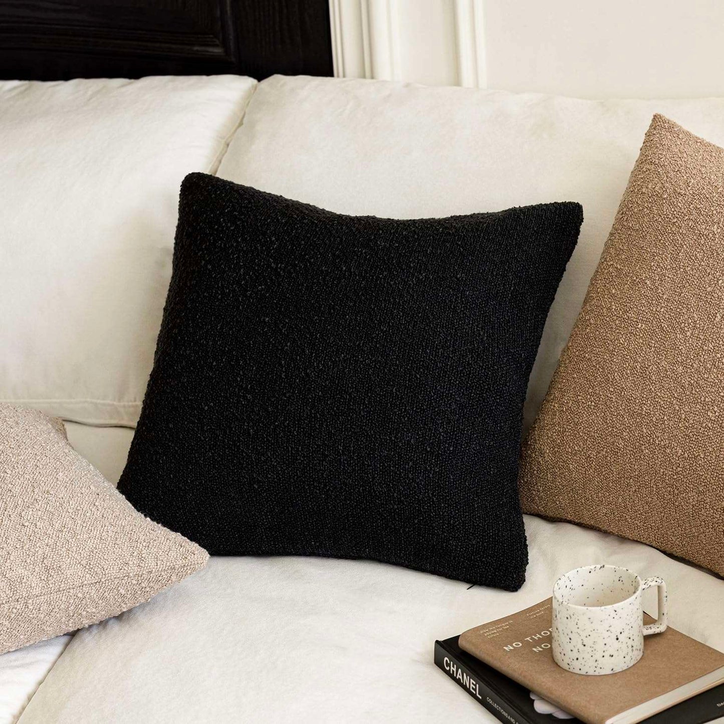 Minimalist Black Boucle 24 x 24 Inch Throw Pillow Covers for Bedroom, Living Room, Office, Set of 2