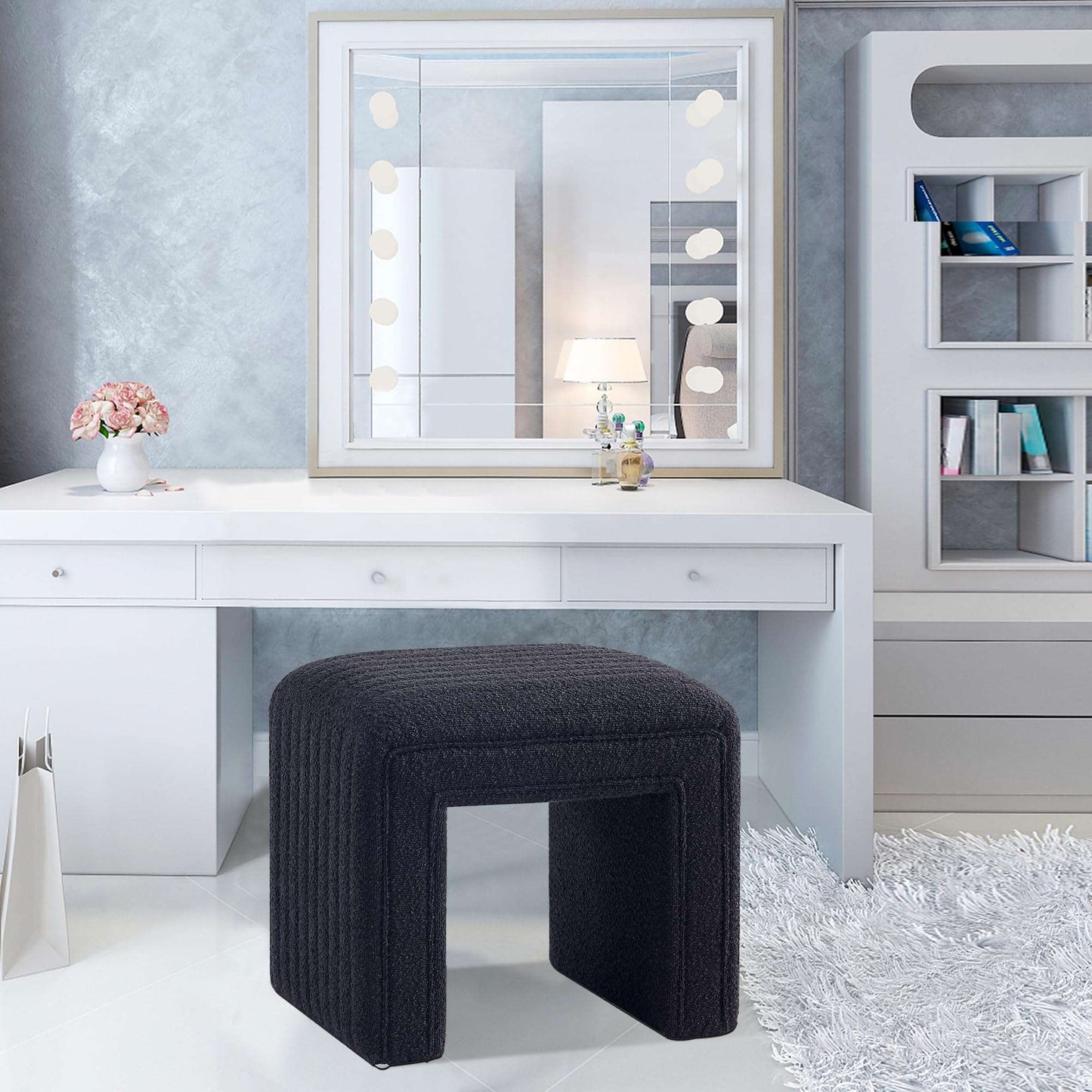 Minimalist Black Boucle Modern Stool, Ottoman for Bedroom, Living Room, Office, Entry