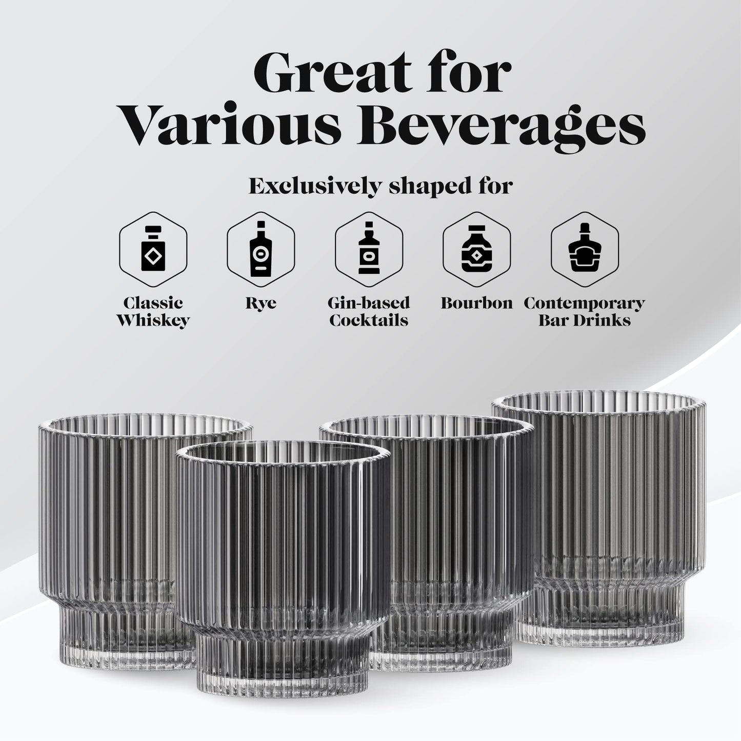 Minimalist Black American Atelier Vintage Art Deco Fluted 9oz Drinking Glasses, Set of 4