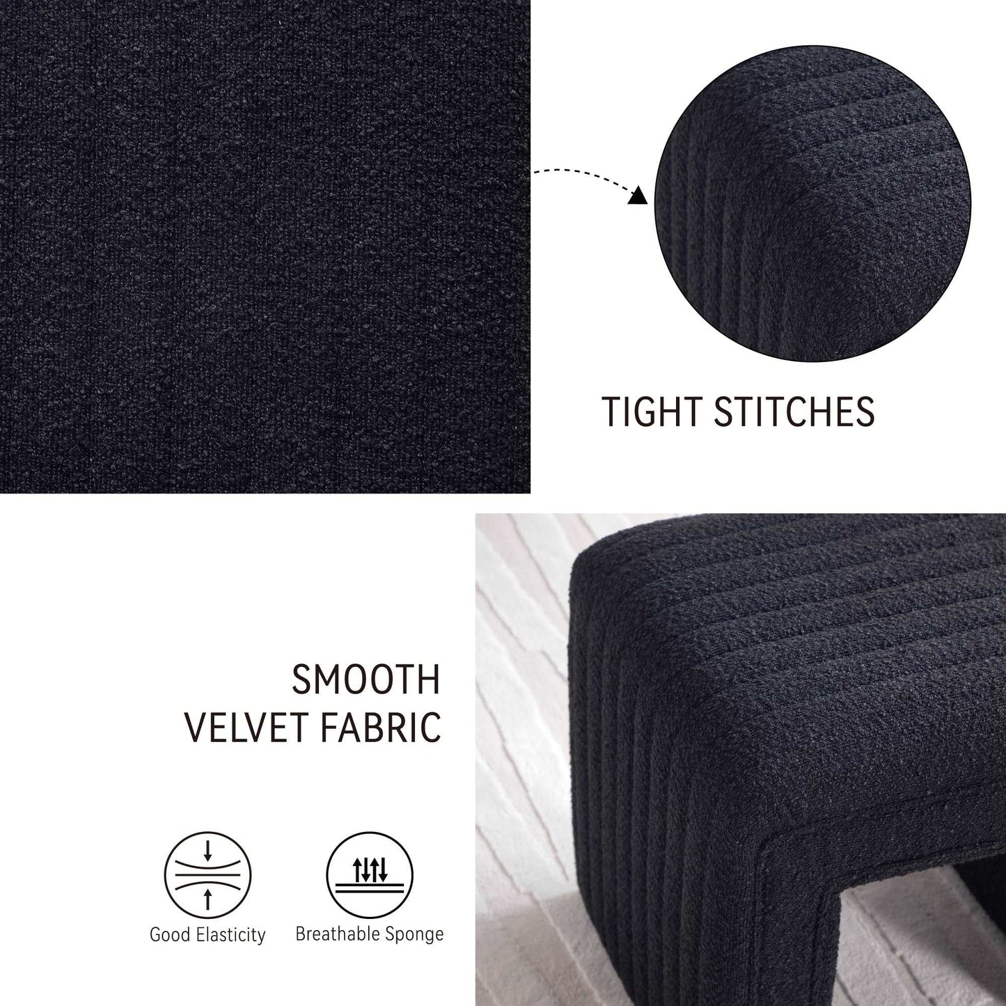 Minimalist Black Boucle Modern Stool, Ottoman for Bedroom, Living Room, Office, Entry