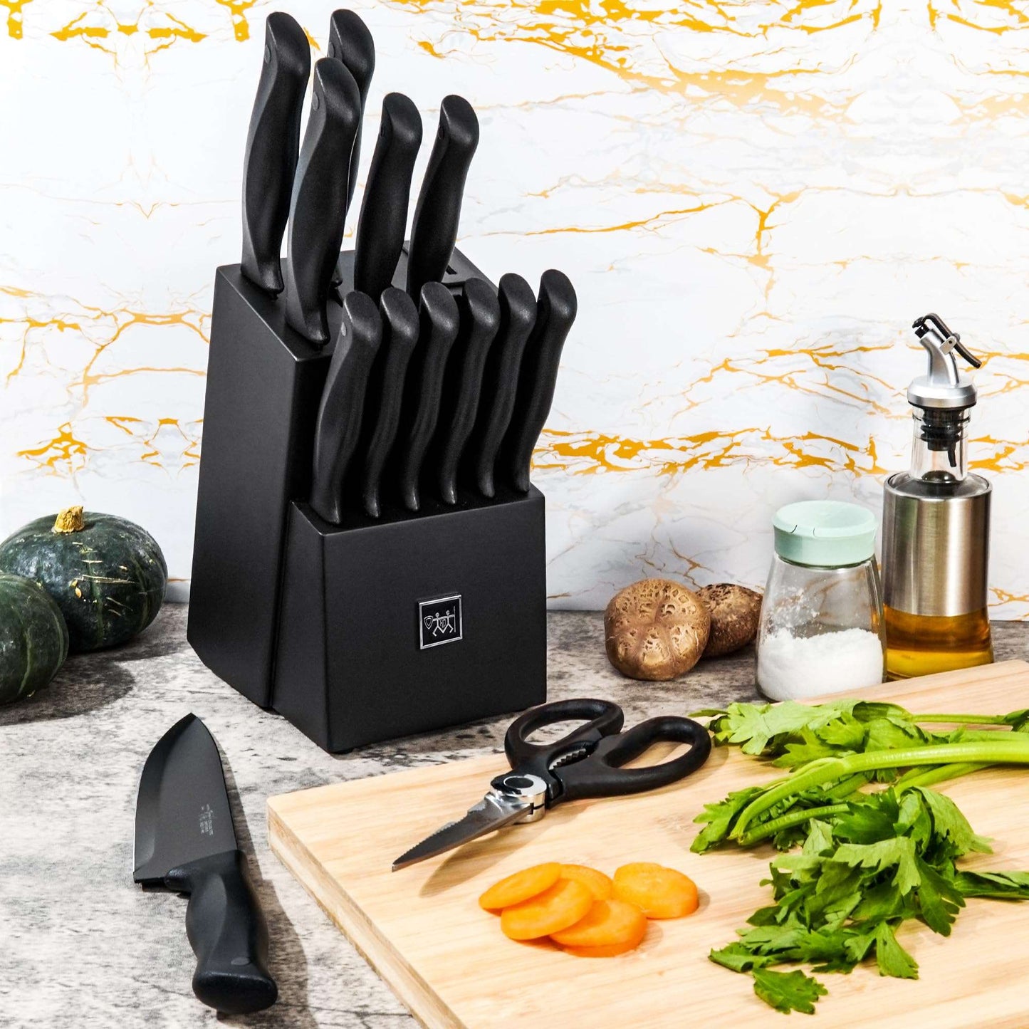 Minimalist Black HUNTER Knife Set, 15 Pc Kitchen Knife Set w/Block