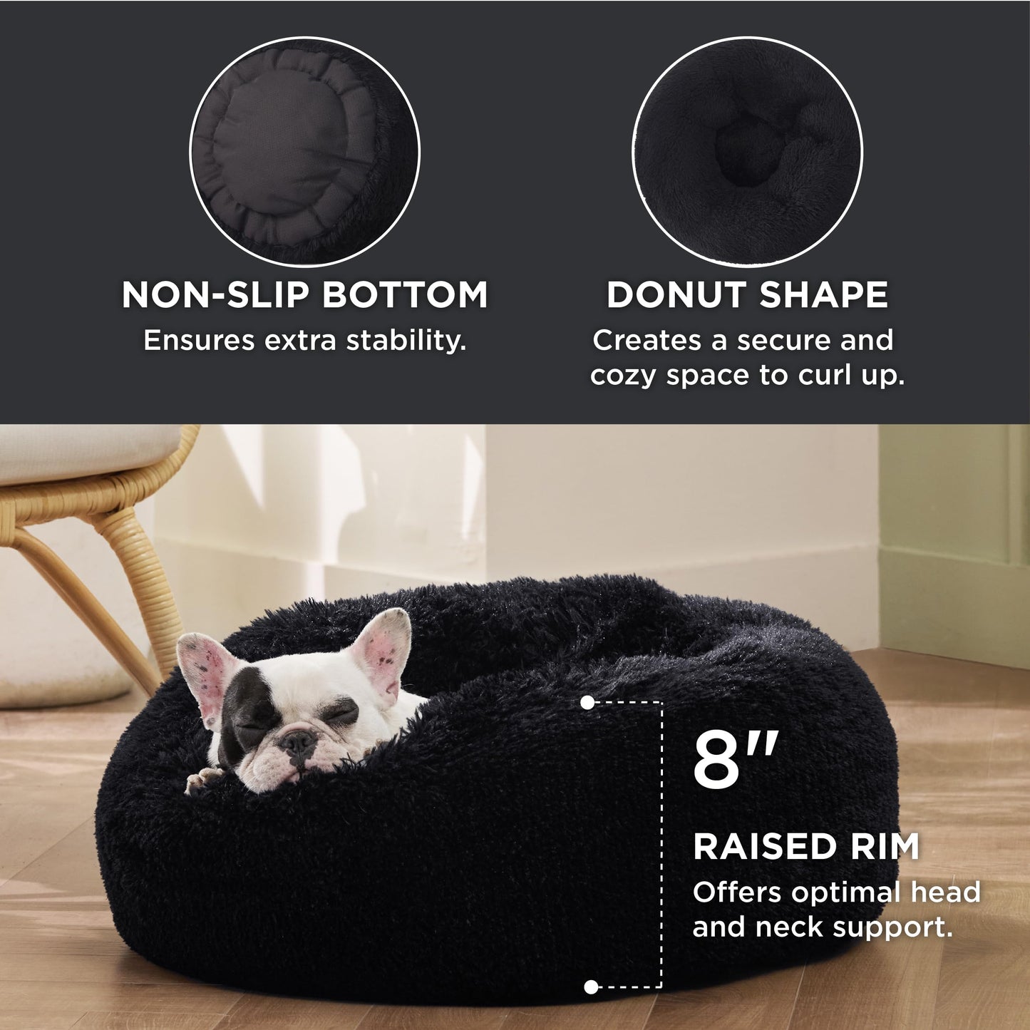 Minimalist Black Fluffy Donut Cuddler for Small/Medium Dog up to 25lbs