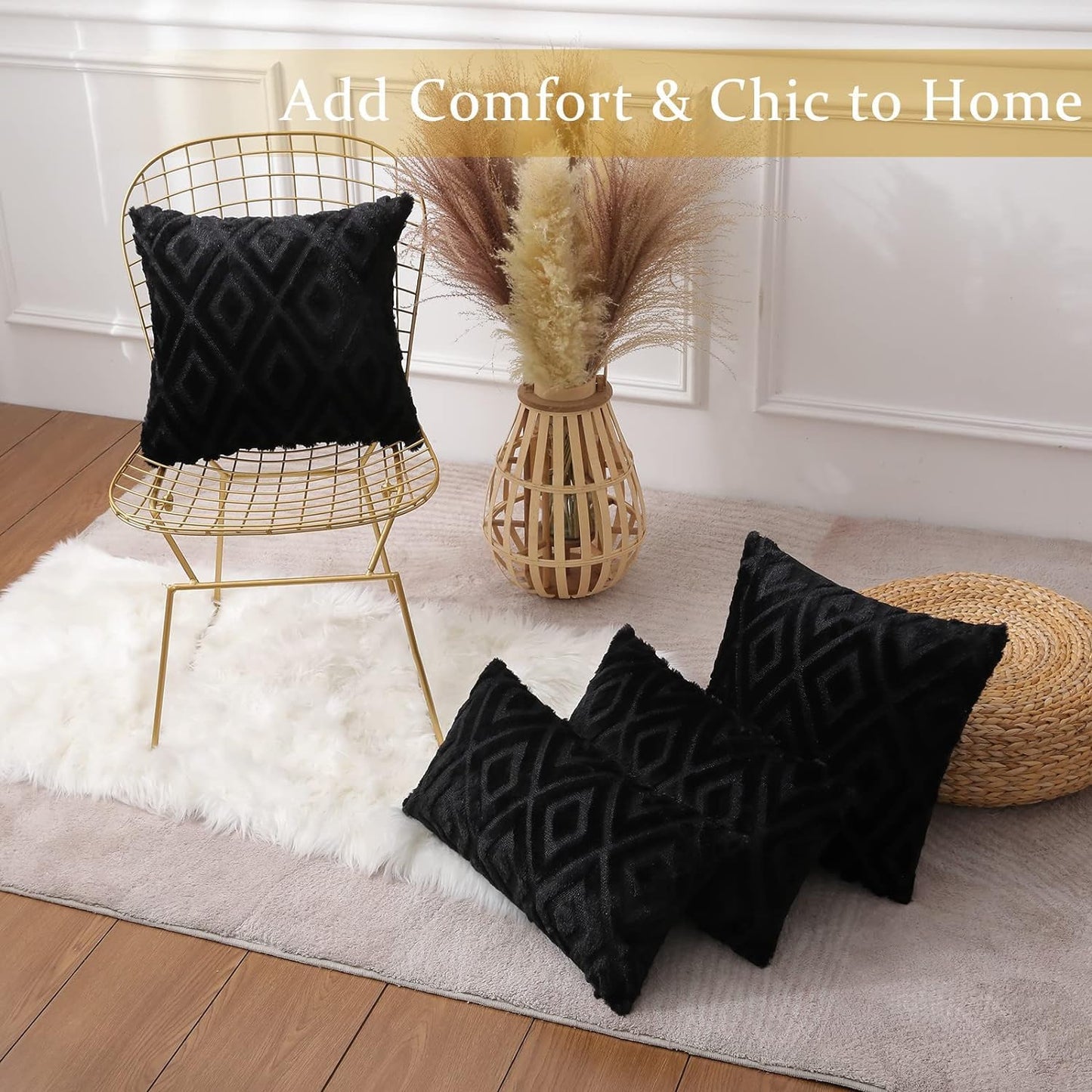 Minimalist Black Plush Faux Fur + Velvet Throw Pillow Covers 18" x 18", 2pcs