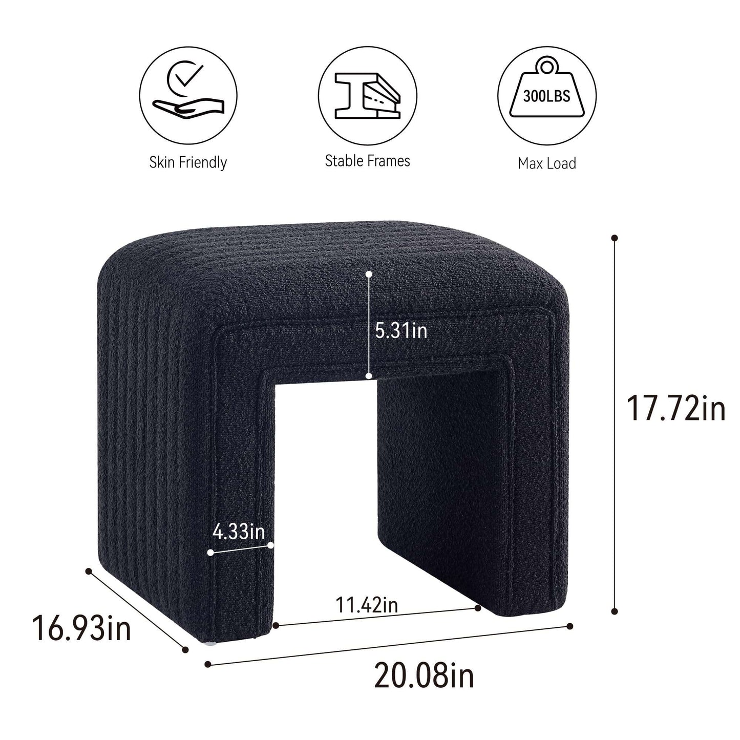 Minimalist Black Boucle Modern Stool, Ottoman for Bedroom, Living Room, Office, Entry