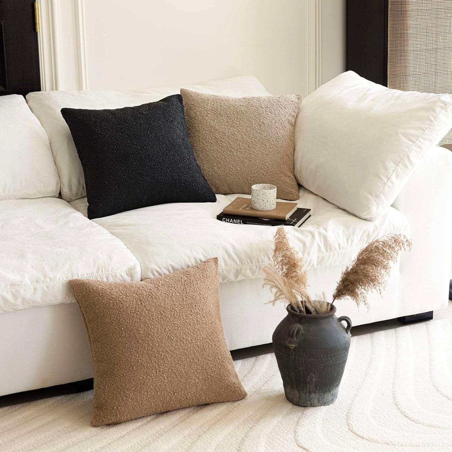 Minimalist Black Boucle 24 x 24 Inch Throw Pillow Covers for Bedroom, Living Room, Office, Set of 2