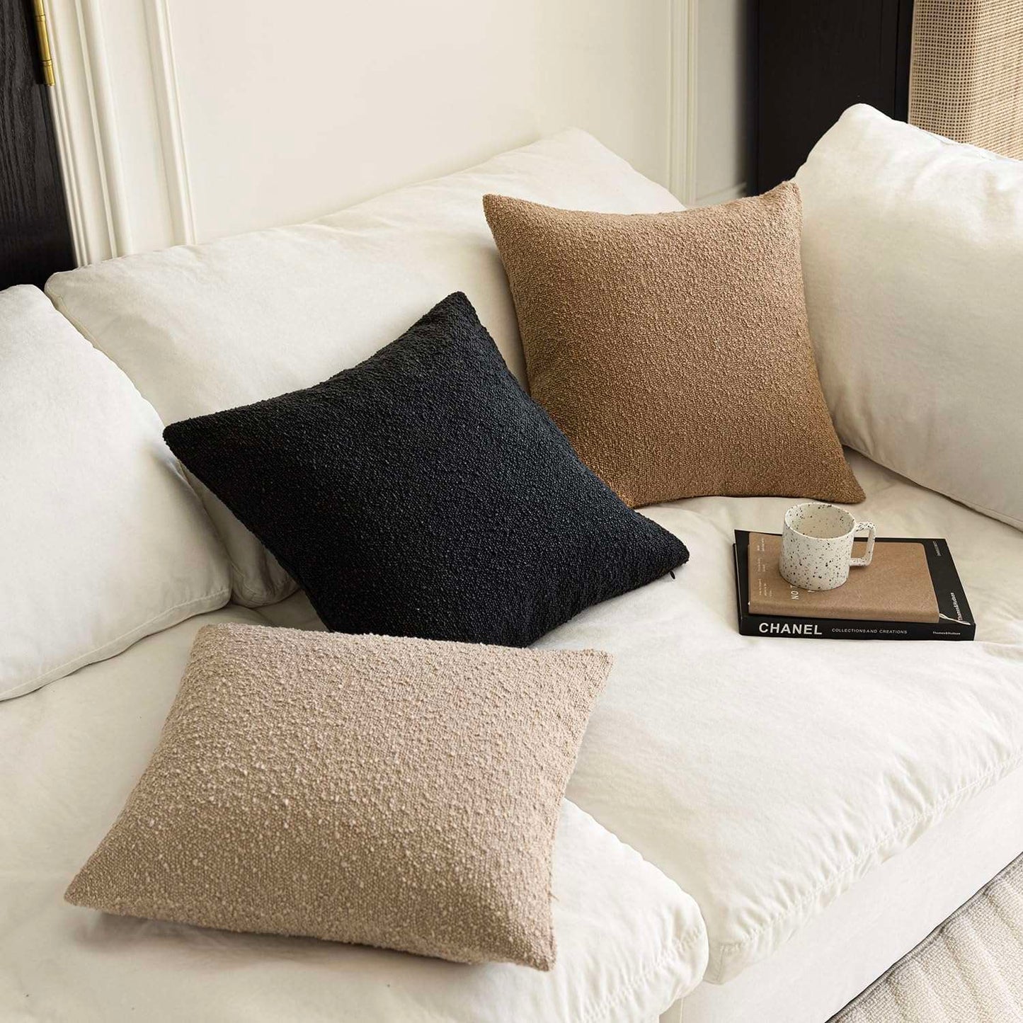 Minimalist Black Boucle 24 x 24 Inch Throw Pillow Covers for Bedroom, Living Room, Office, Set of 2