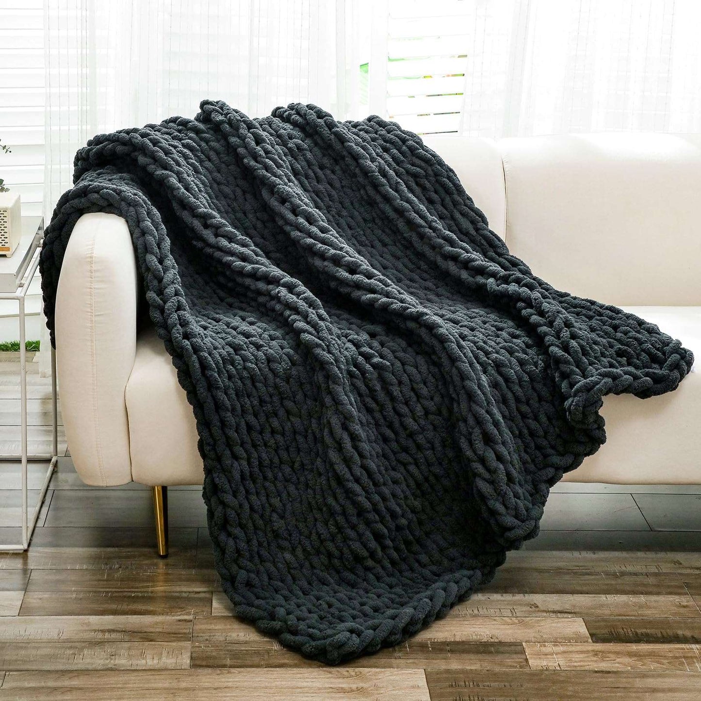 Minimalist Black Chunky Knit Jumbo Chenille Throw 51"x63", 100% Hand Knitted