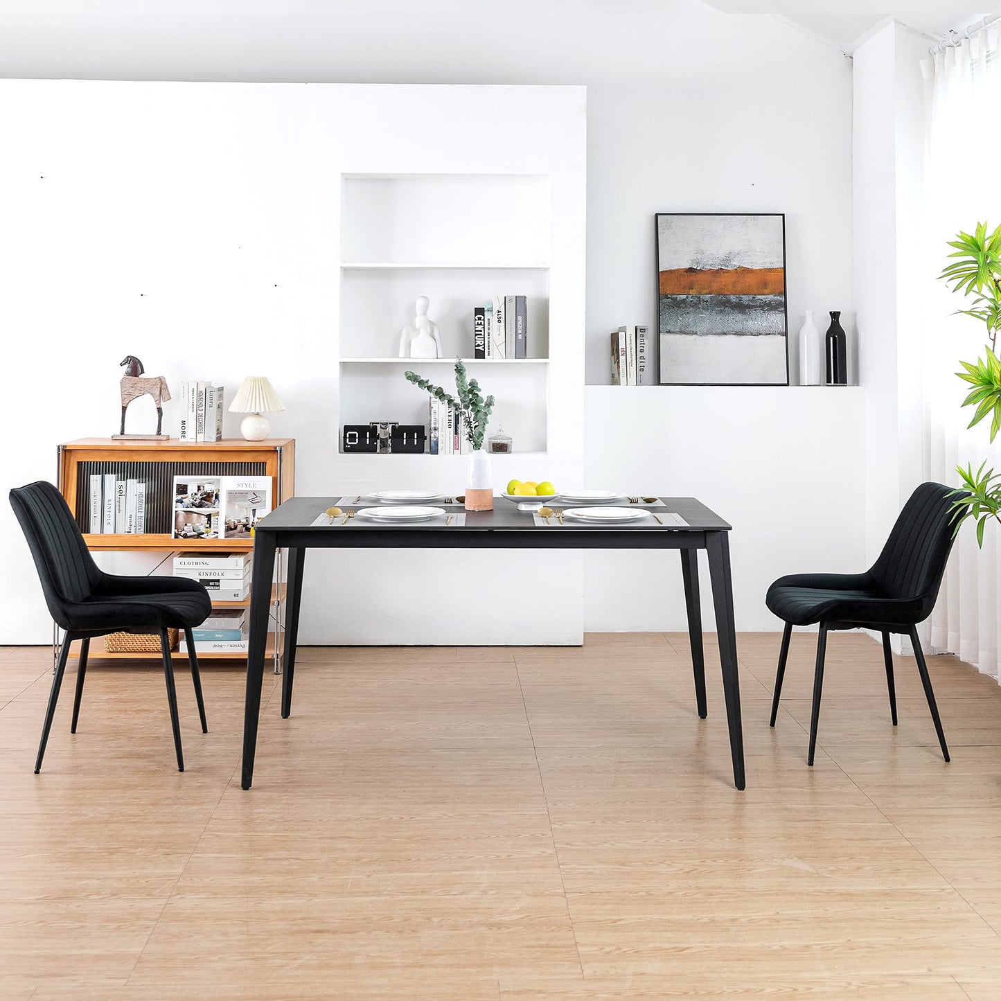 Minimalist Black Velvet Upholstered Chairs, Set of 2