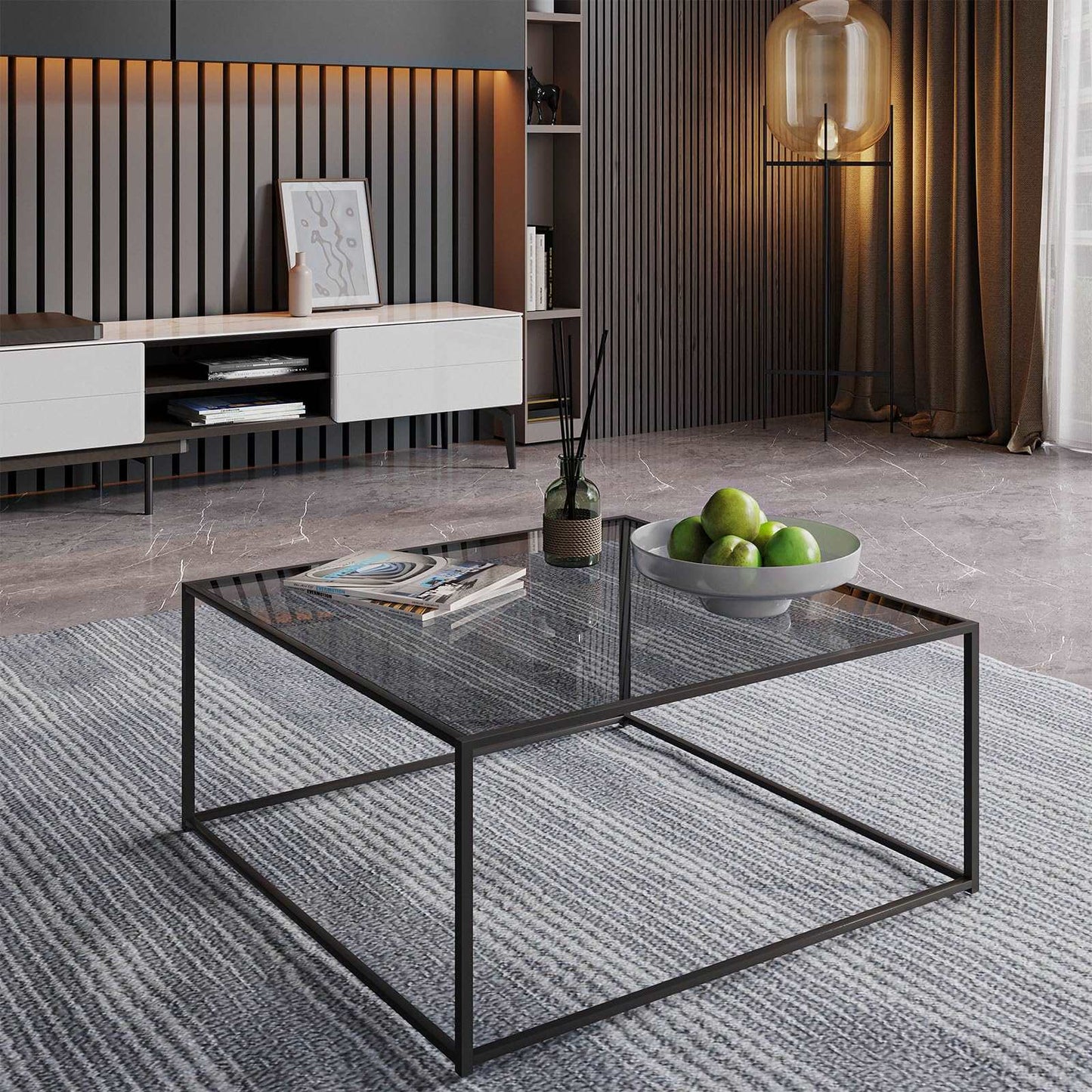 Minimalist Black Modern Glass Coffee Table, 26.7" x 26.7" x 15.7"